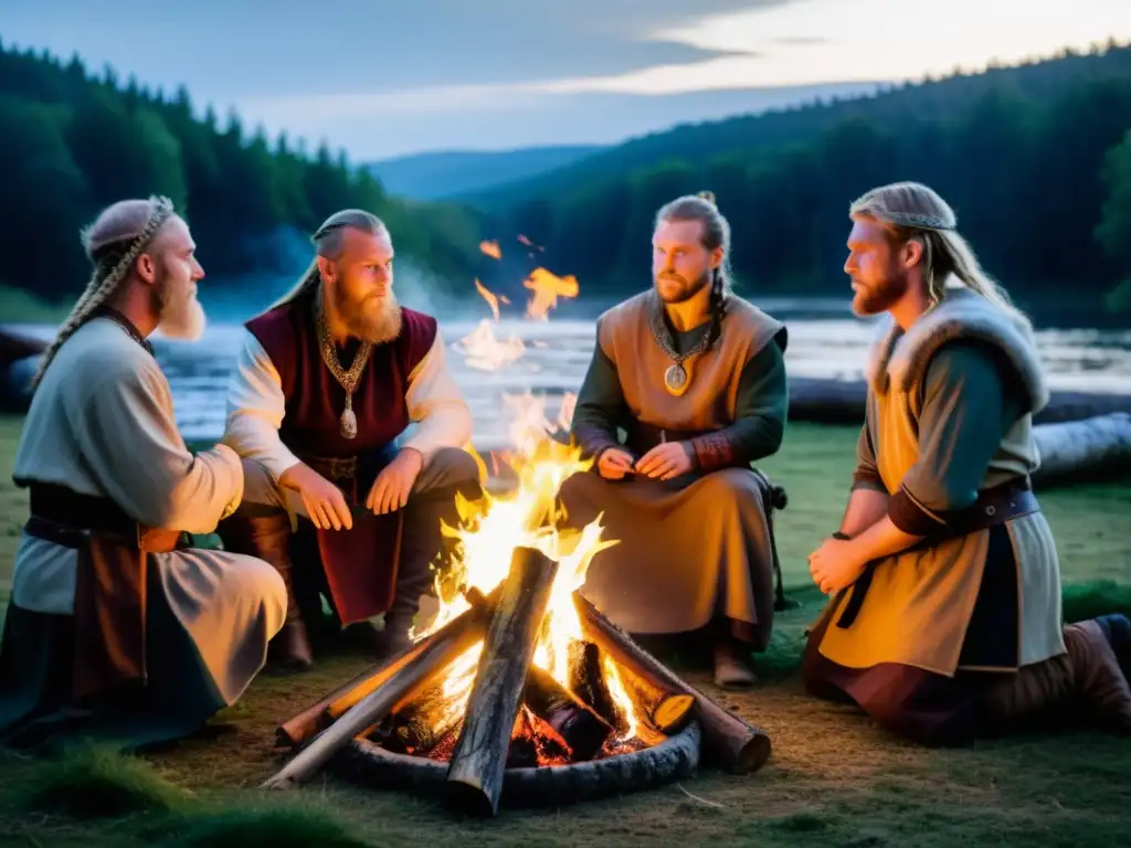 Ritual vikingo al atardecer: Seidr junto a la hoguera Un grupo de reenactores vikingos realizando un ritual de Seidr junto a una fogata en un bosque denso al anochecer