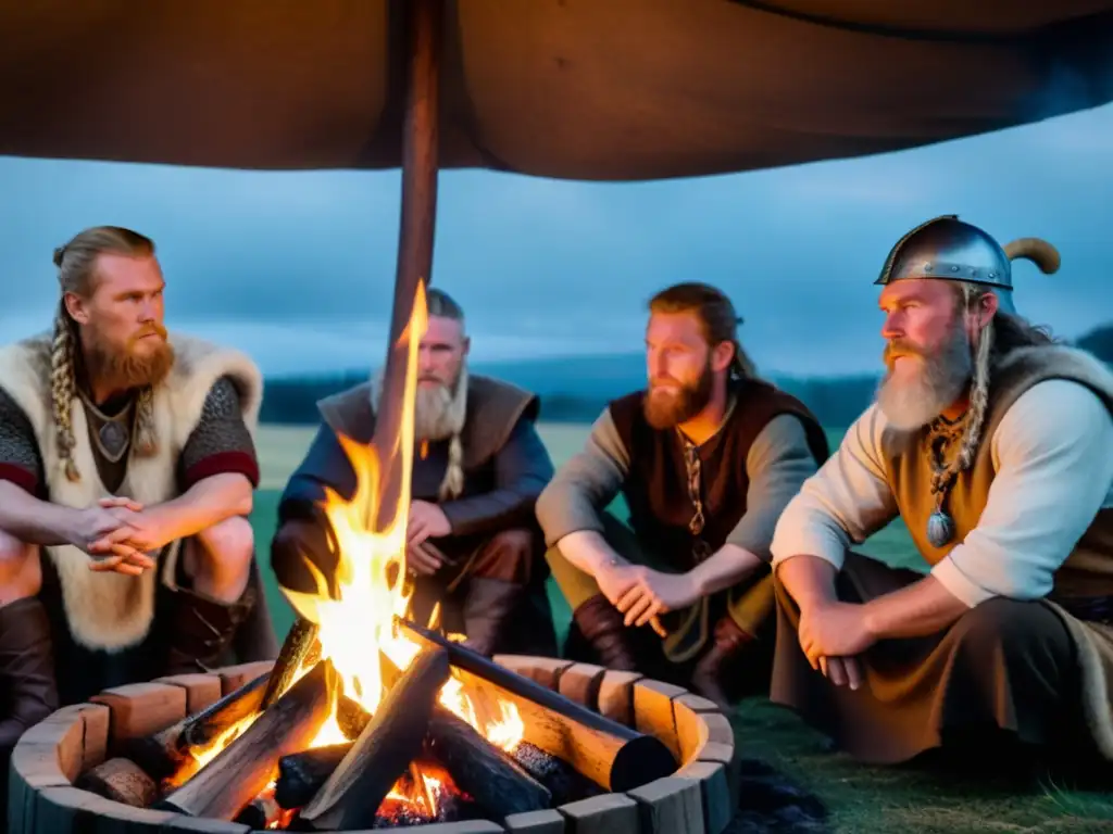 Vikingos en trance alrededor del fuego Grupo de reenactores vikingos practican Seidr junto al fuego en bosque místico, evocando hechicería vikinga