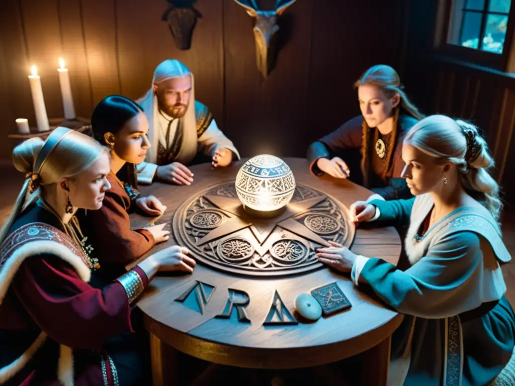 Ritual nórdico de adivinación con runas y tarot Grupo en rituales nórdicos de adivinación alrededor de mesa tallada con símbolos antiguos, utilizando runas, tarot y bola de cristal bajo luz de vela