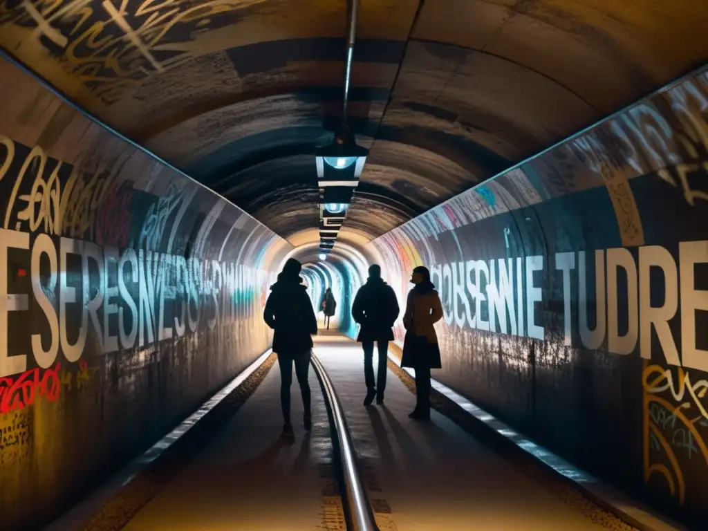 Conversación clandestina en túnel subterráneo Grupo en túnel subterráneo con graffiti, símbolos enigmáticos y atmósfera de misterio, explorando mitos urbanos y redes secretas políticas