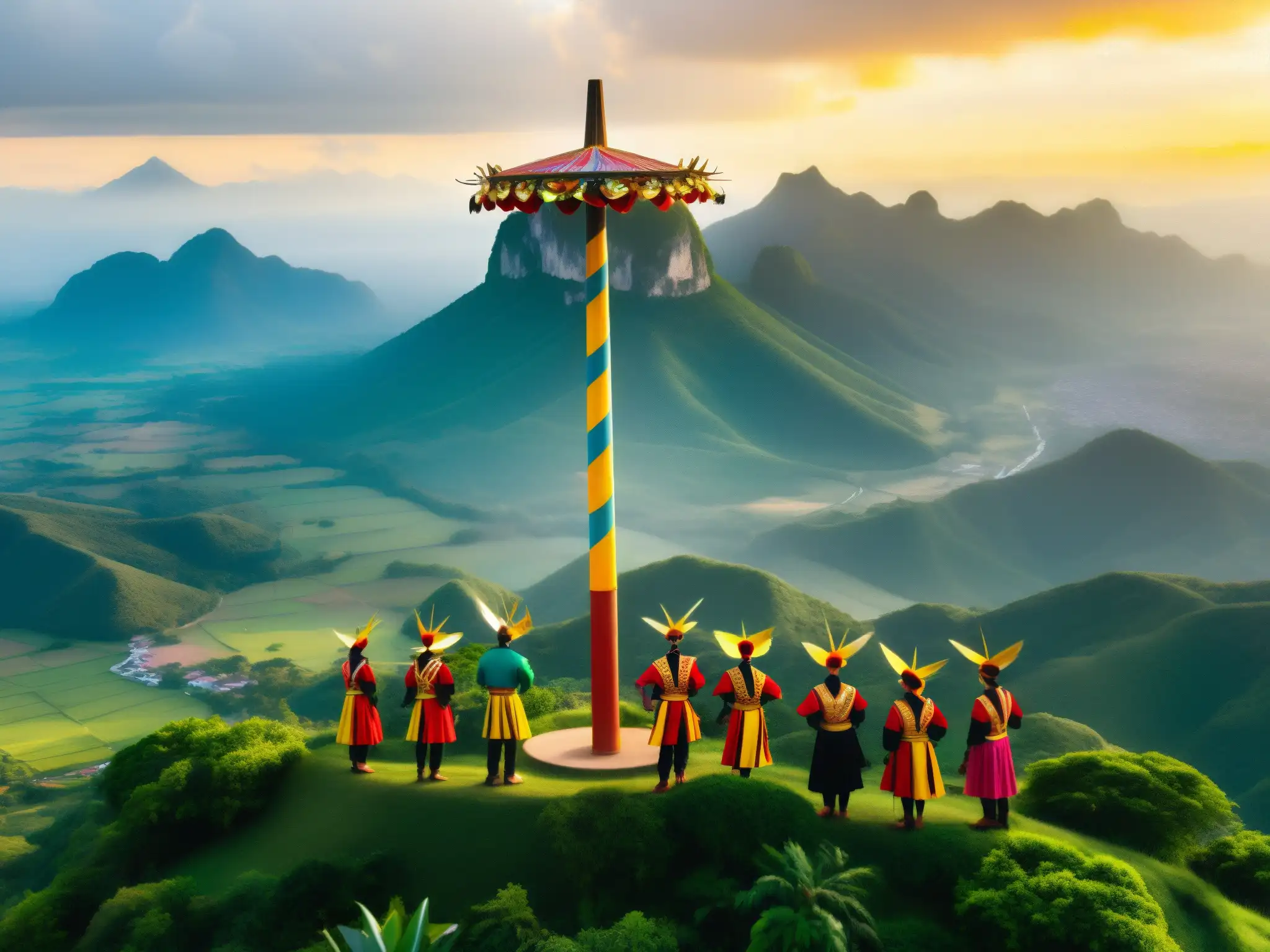 Voladores de Papantla: Ritual ancestral en la cima Grupo de Voladores de Papantla con trajes vibrantes en preparación para el ritual, rodeados de naturaleza y misticismo
