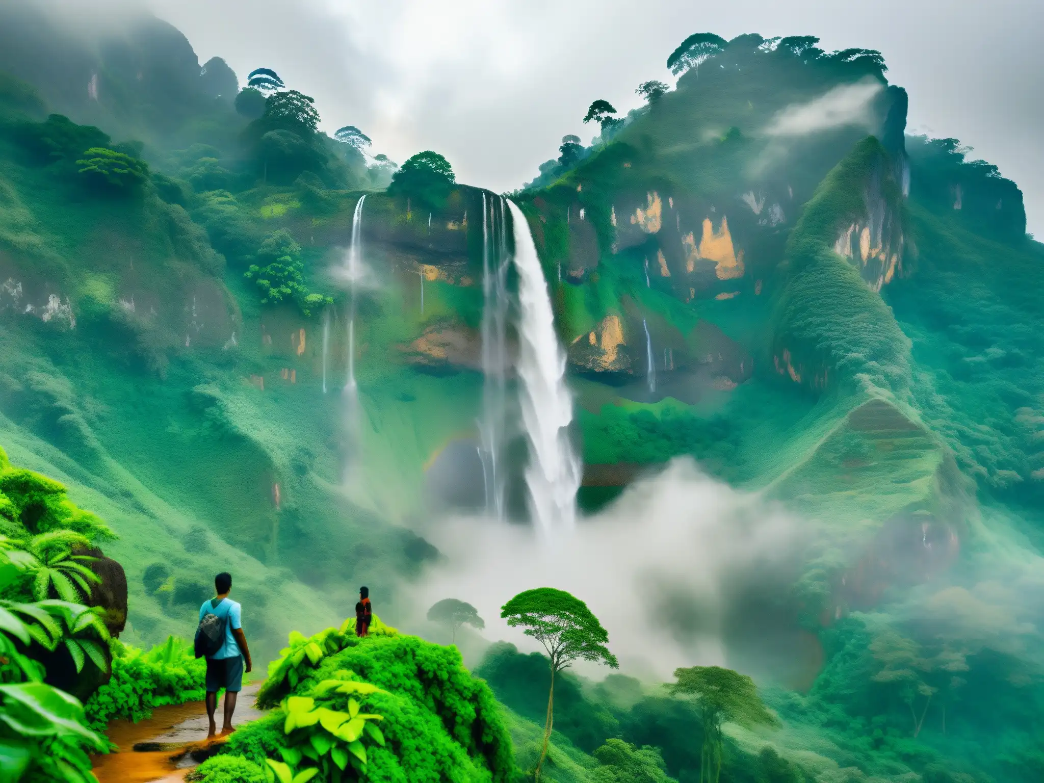 Guardián mítico en la montaña de Sri Lanka, rodeado de exuberante vegetación y una cascada majestuosa, evocando sabiduría ancestral y poder