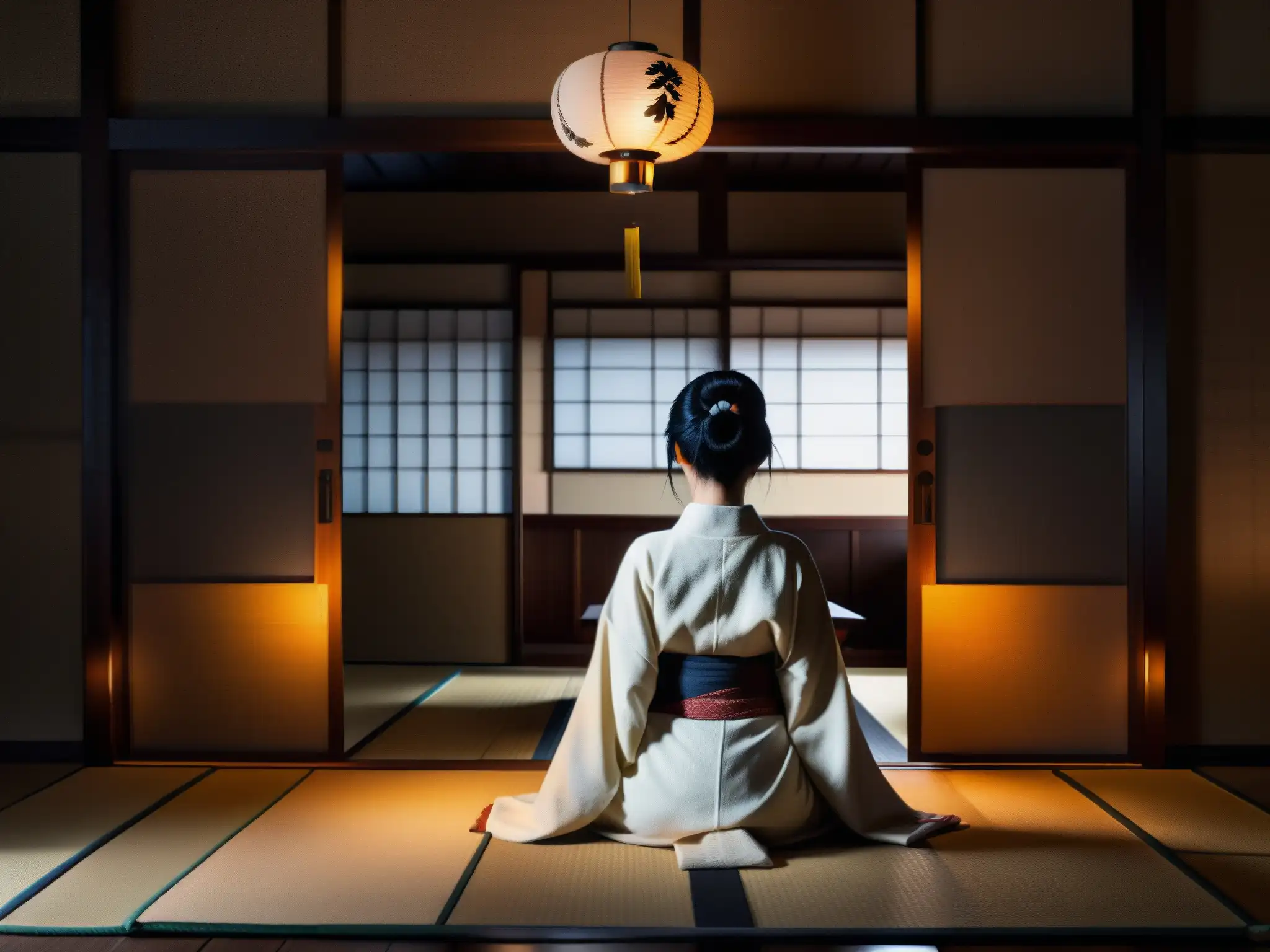 Figura misteriosa en sala japonesa En una habitación japonesa tradicional, una figura sombría con kimono blanco se alza en medio de máscaras yokai y antiguos pergaminos, iluminada por una tenue luz de videojuegos