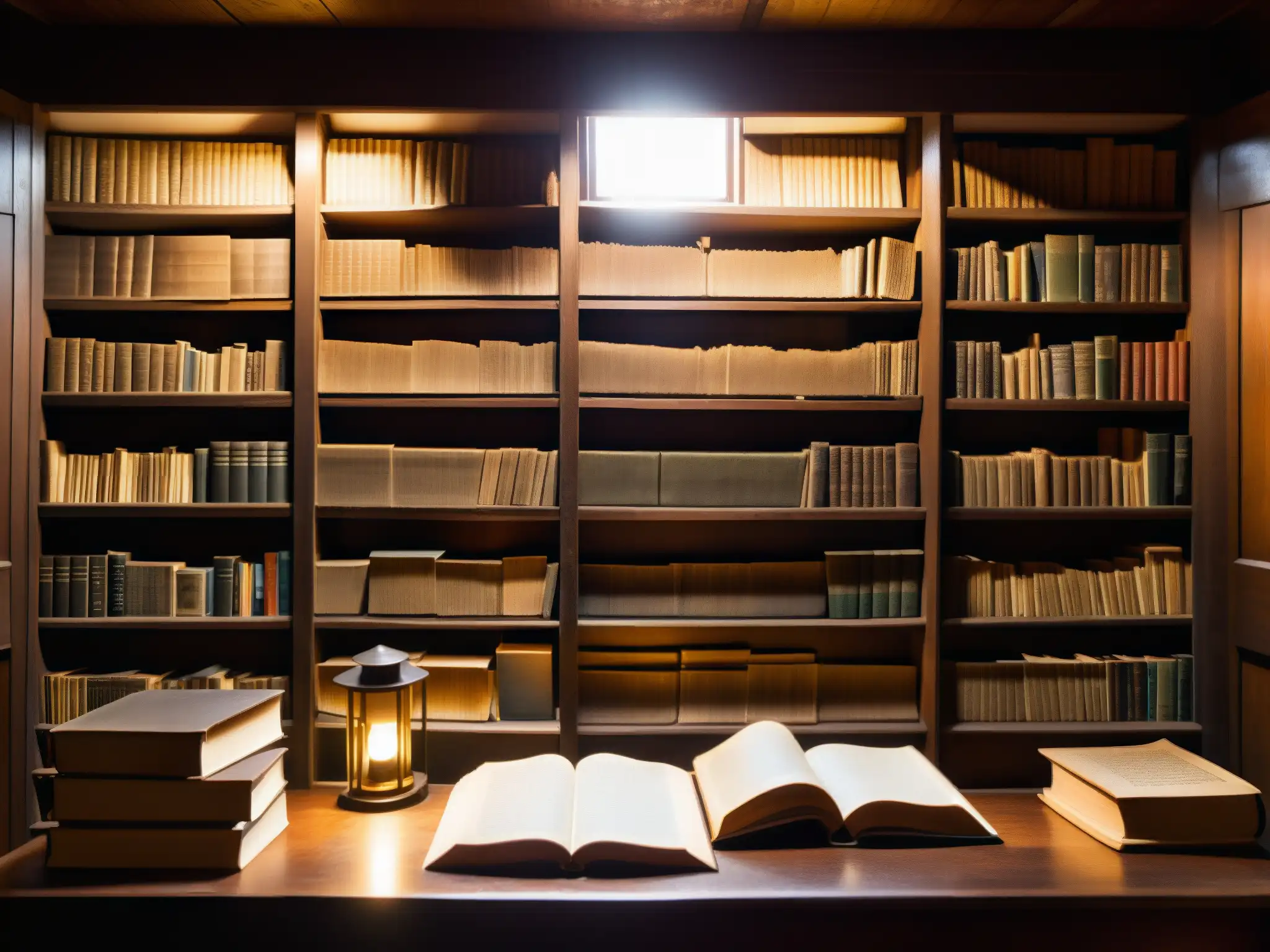 Antigua biblioteca con libros polvorientos y misteriosos Una habitación llena de libros antiguos y polvorientos, con páginas del libro 'Origen y veracidad de los Protocolos' iluminadas por una vela titilante