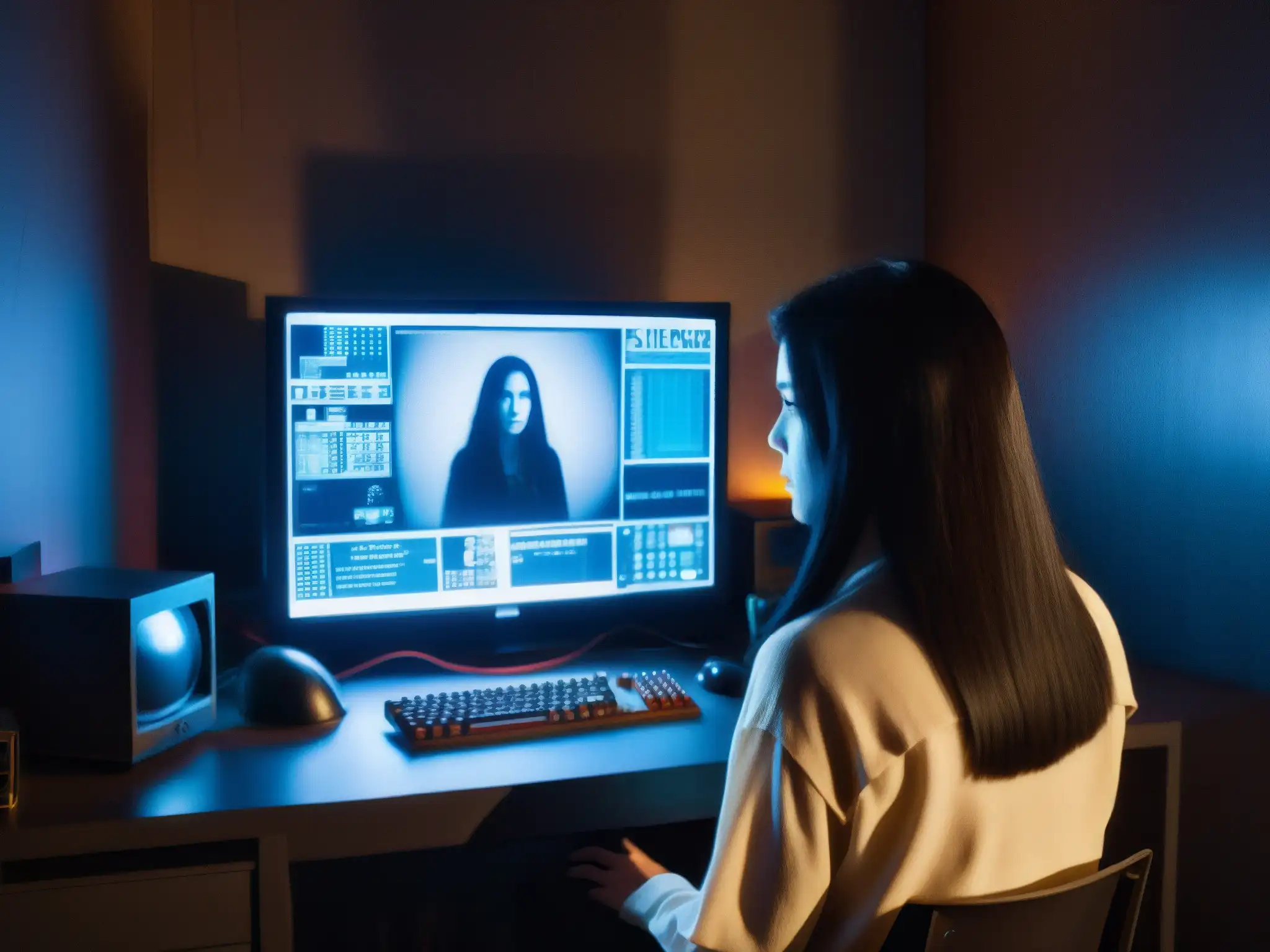 En una habitación sombría, una sola pantalla de computadora brilla en la oscuridad, mostrando una figura fantasmal con largos cabellos negros