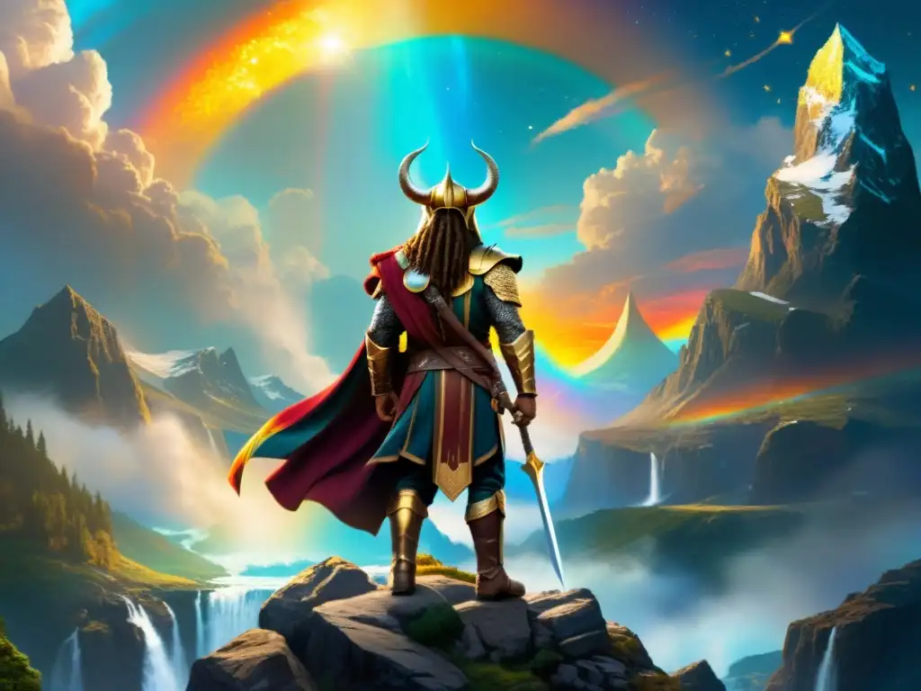 Heimdall en el puente Bifrost: una pintura digital detallada y asombrosa Heimdall mitos y verdades: Heimdall de pie en el puente Bifröst con su cuerno dorado, en un paisaje asombroso y mágico