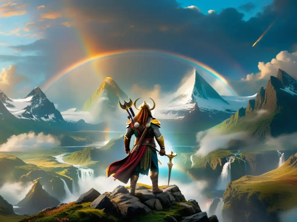 Guardián de Asgard: Heimdall en la Bifröst Heimdall mitos y verdades: Heimdall custodia la Bifröst, el puente arcoíris que conecta Asgard con el reino mortal, en una imagen majestuosa y mítica
