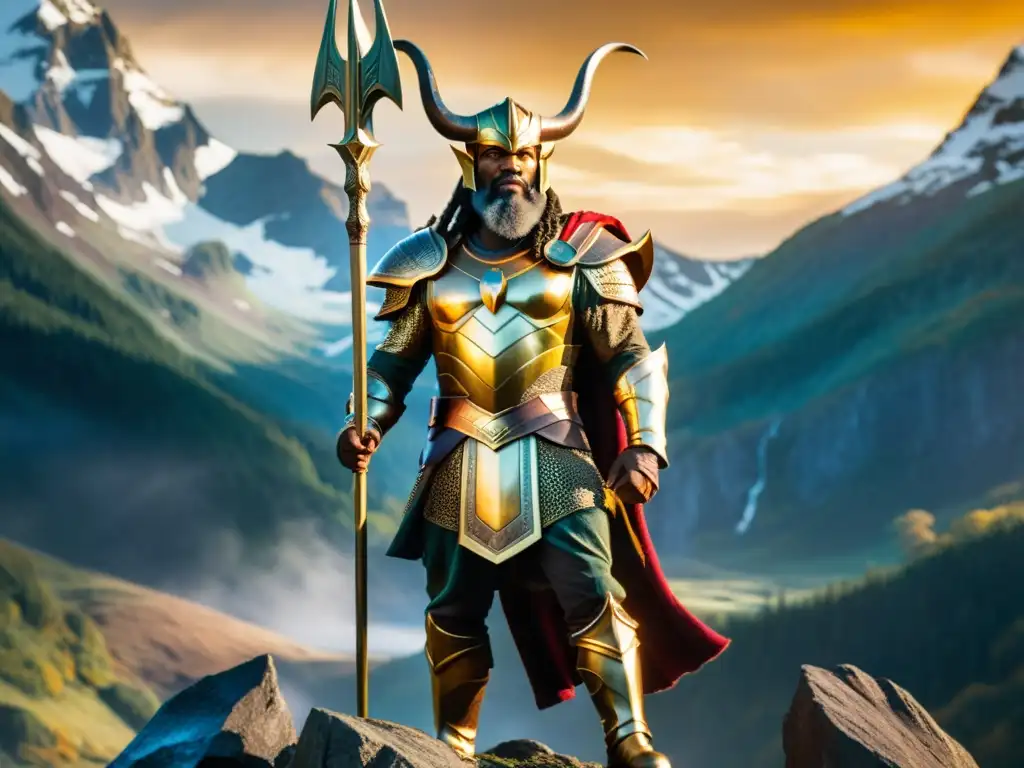 La majestuosa figura de Heimdall en el puente Bifrost Heimdall mitos y verdades: Imagen de Heimdall en la Bifrost, con su cuerno, armadura dorada y la atmósfera mística de Asgard