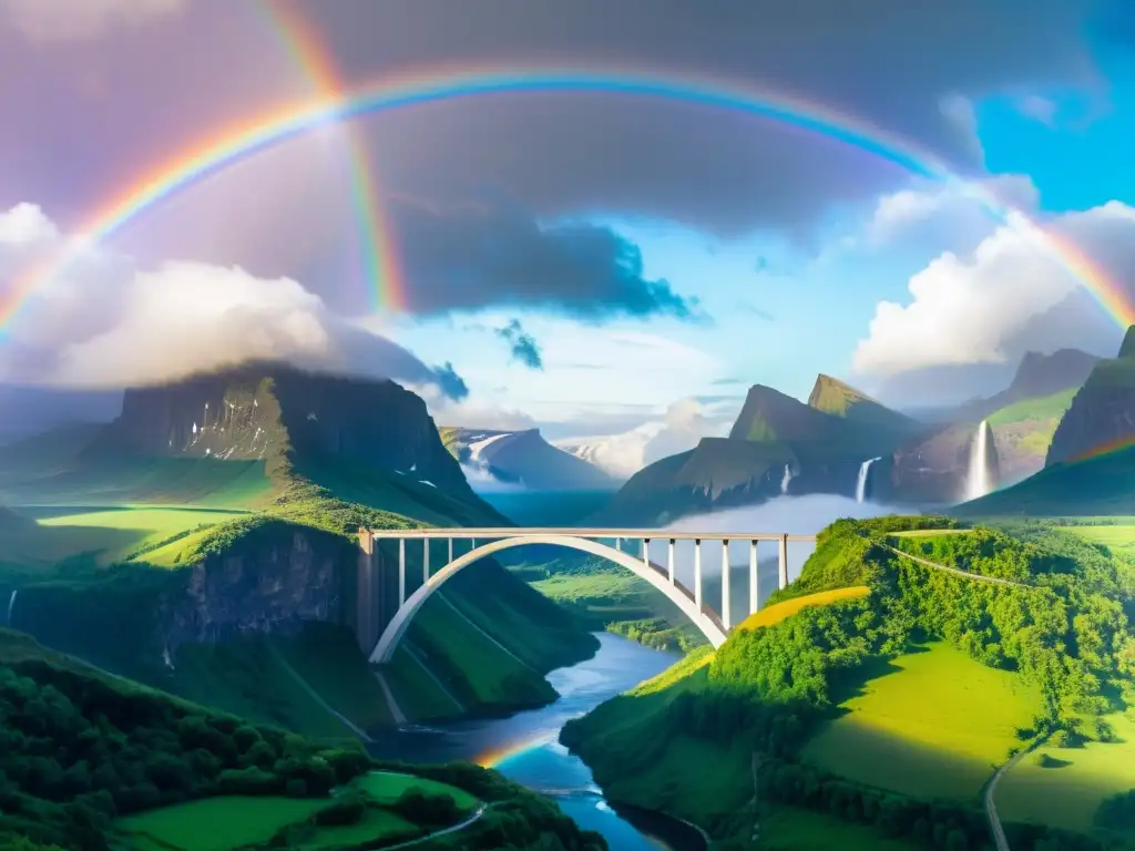 Bifröst: Puente arcoíris a Asgard Heimdall mitos y verdades: la majestuosa Bifröst se extiende en el cielo con colores vibrantes y paisajes etéreos, revelando la grandeza de Asgard