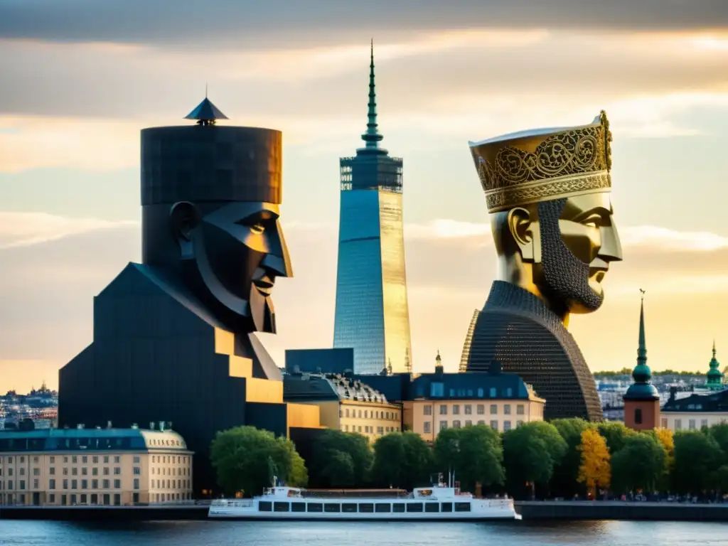 Los Tres Hermanos Gigantes Estocolmo construyen la ciudad, fusionando historia y modernidad en una escena dorada de asombro