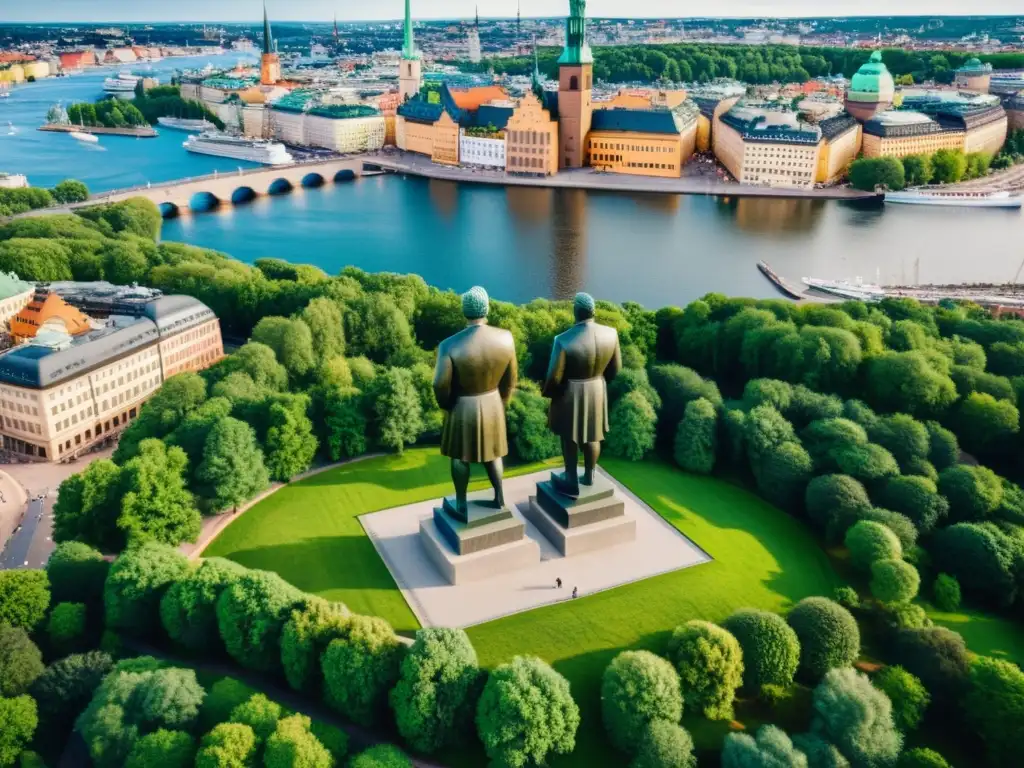 Los Tres Hermanos Gigantes Estocolmo: Estatuas imponentes entre la exuberante vegetación, observando la ciudad con misterio y poder