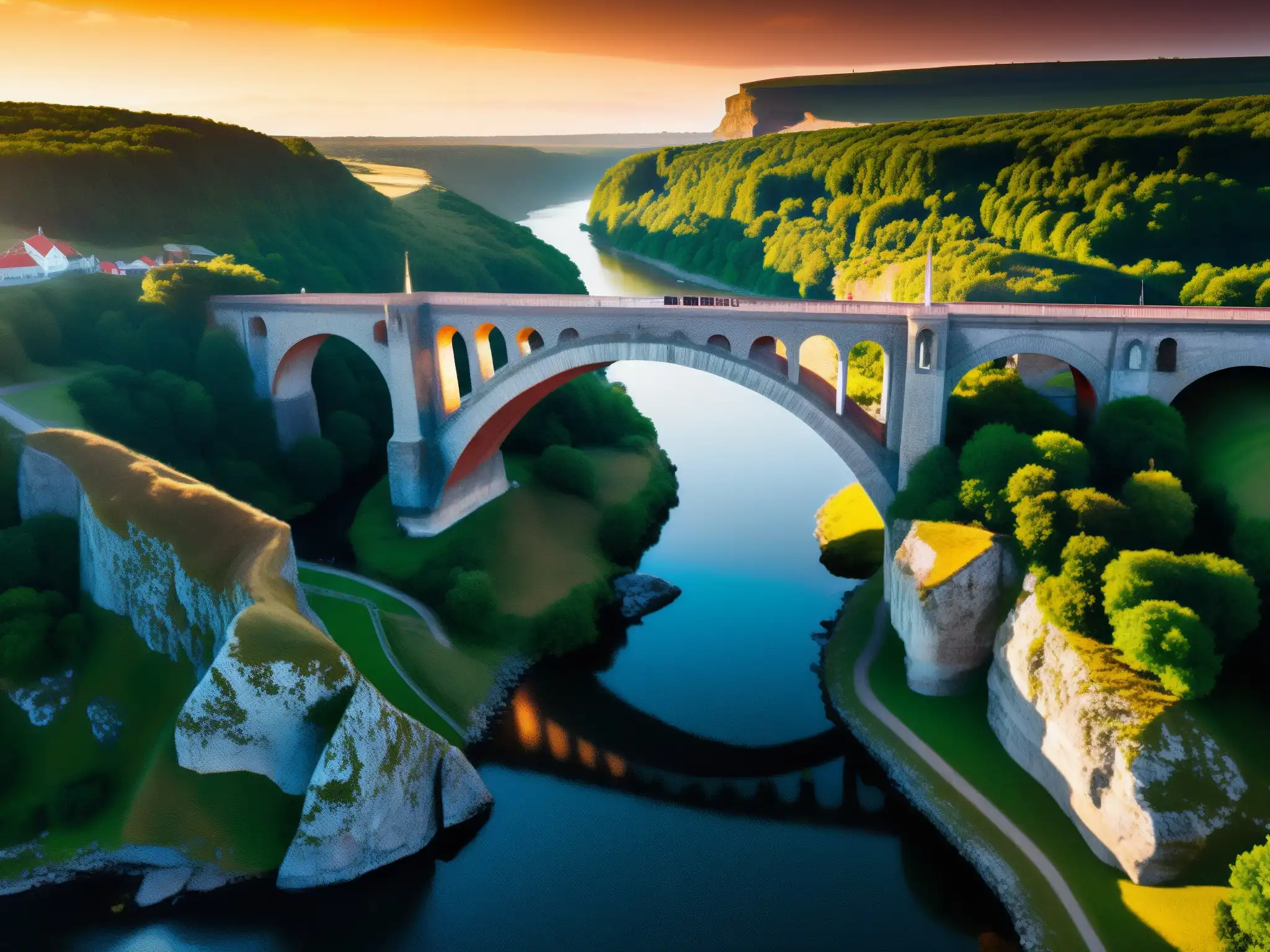 Puente del Diablo: leyenda en piedra y fuego Historias del Puente del Diablo: Antiguo puente de piedra en un atardecer de fuego, evocando misterio y leyenda