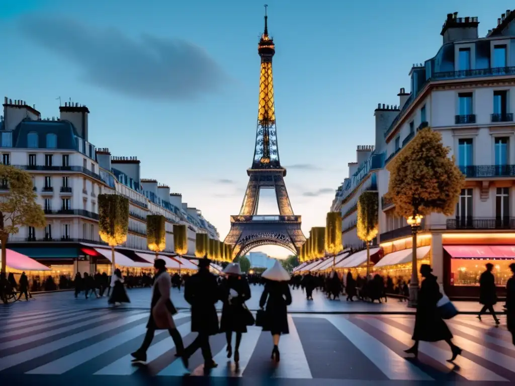 París revolucionario: Fantasmas del pasado se mezclan con la vida moderna Histórica calle parisina al anochecer con la Torre Eiffel de fondo, figuras transparentes de revolucionarios franceses y leyendas urbanas