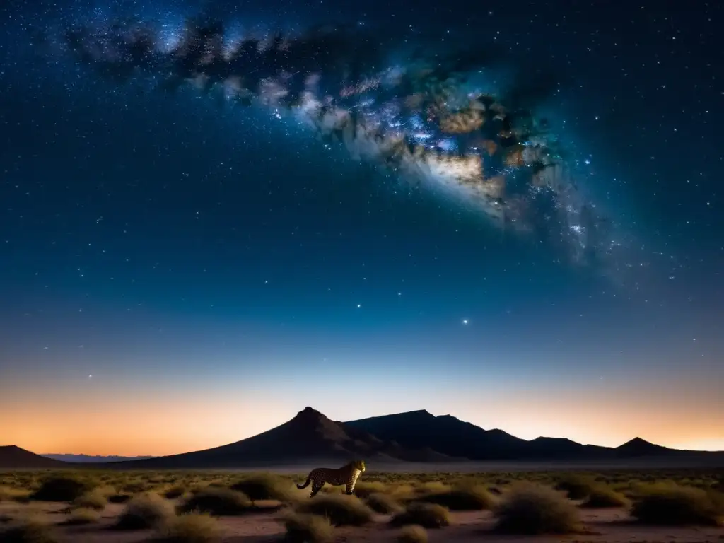 Noche estrellada en el desierto somalí: El Hombre Leopardo Hombre Leopardo: imagen estelar del desierto somalí con un leopardo misterioso y la leyenda urbana en sus ojos