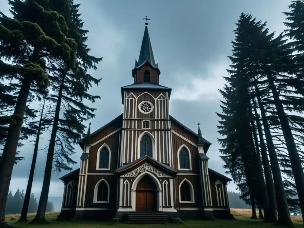 Una iglesia antigua en Escandinavia, rodeada de árboles retorcidos y bajo un cielo nublado