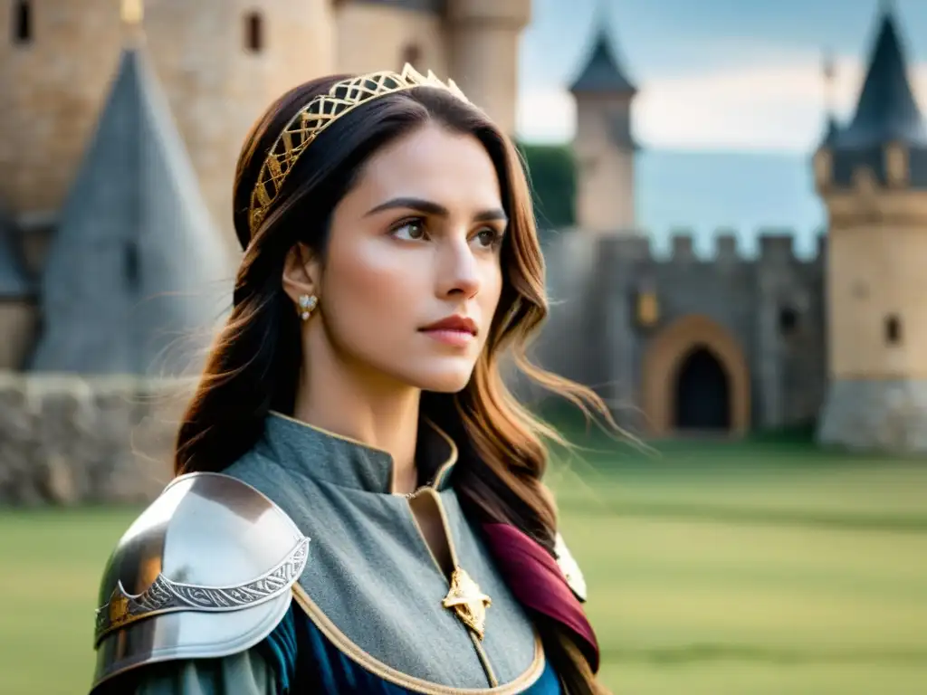Valentía femenina: noble mujer medieval frente al castillo Una ilustración detallada de una mujer medieval valiente y orgullosa frente a un castillo, reflejando la Valentía femenina en leyenda medieval
