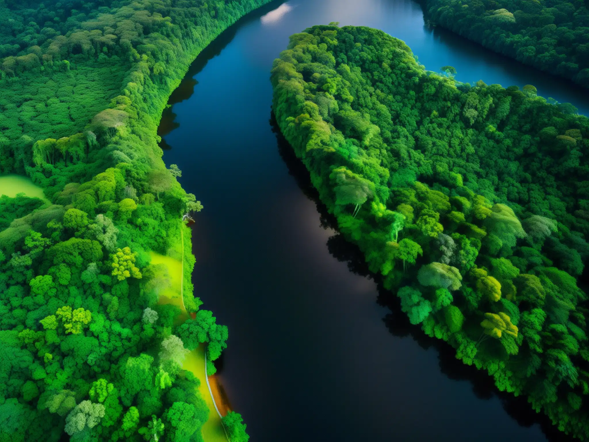 Amazonía mágica: Mohán y el río cristalino Imagen asombrosa de la exuberante selva amazónica con un río cristalino serpenteando entre la densa vegetación