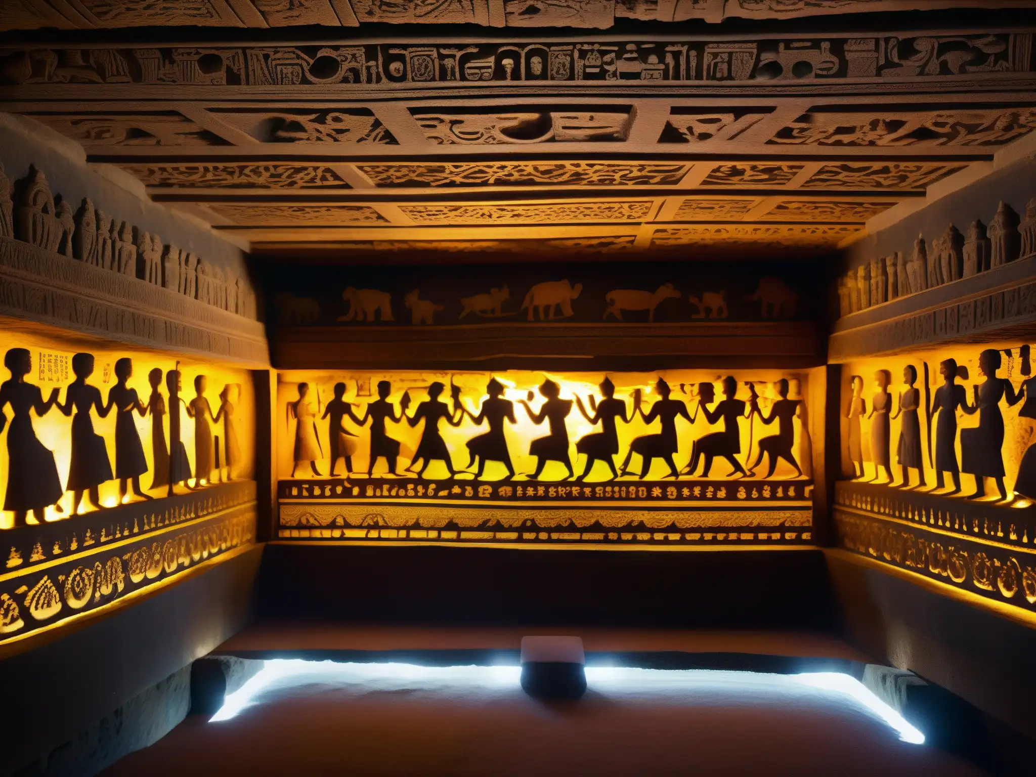 Imagen de las asombrosas cuevas de Ajanta en la India, con intrincadas esculturas y colores vibrantes, evocando el origen y poder de los Djinn