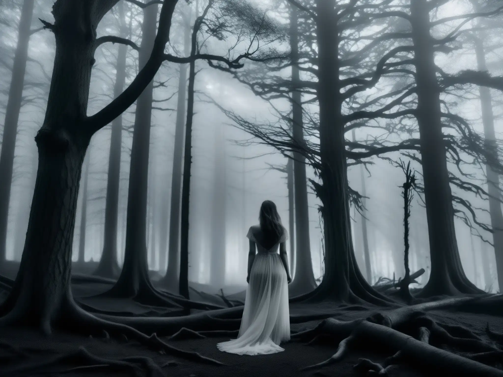 La Cegua: misterio y desolación en el bosque neblinoso Imagen en blanco y negro de un bosque brumoso al anochecer, evocando la misteriosa leyenda urbana de La Cegua