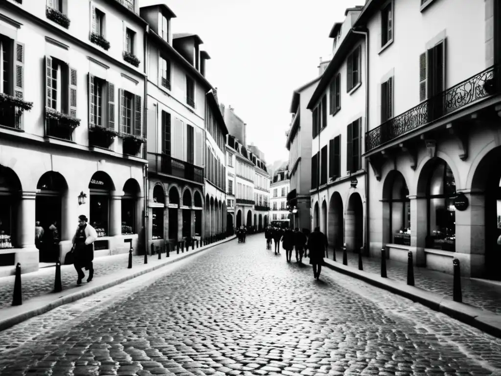 Calles antiguas de Francia: historia y misterio en blanco y negro Imagen en blanco y negro de una bulliciosa calle de la ciudad en Francia, con historia y misterio, evocando leyendas urbanas