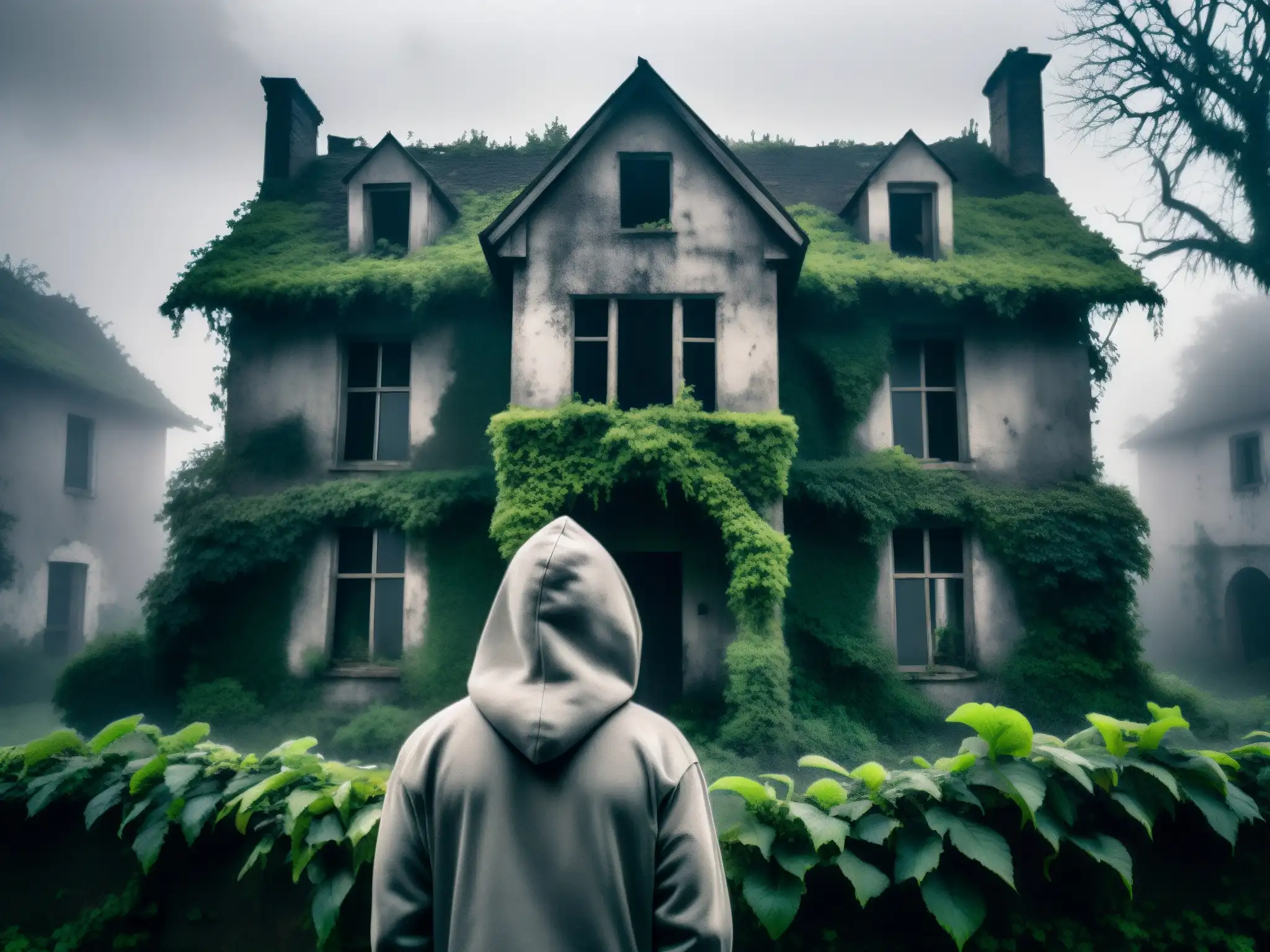 Abandonada casa en la niebla con figura misteriosa Imagen en blanco y negro de una casa abandonada envuelta en niebla, con ventanas rotas y enredaderas
