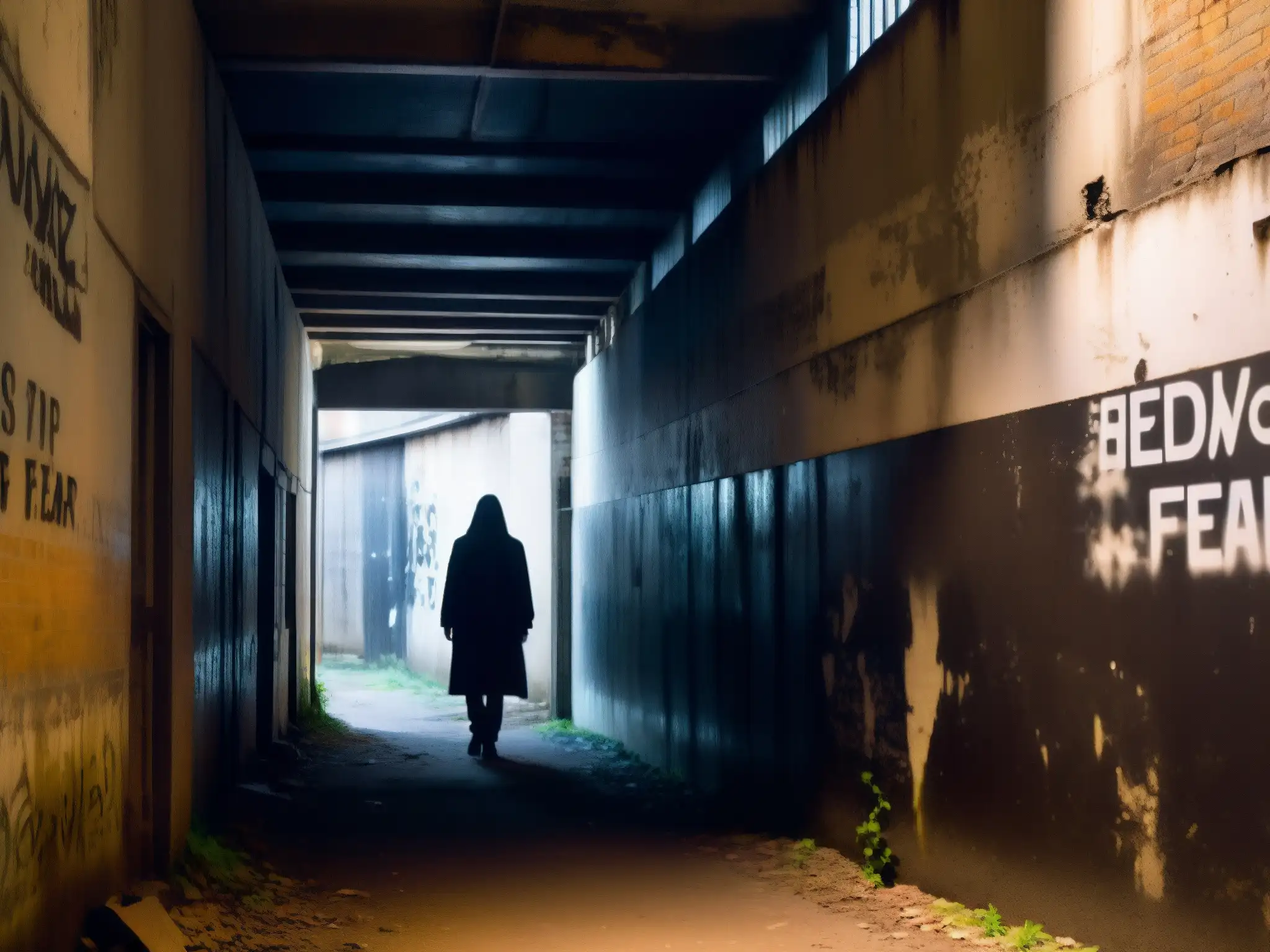 Imagen en blanco y negro de una figura sombría en un callejón urbano abandonado, evocando el impacto de las leyendas urbanas en la salud mental