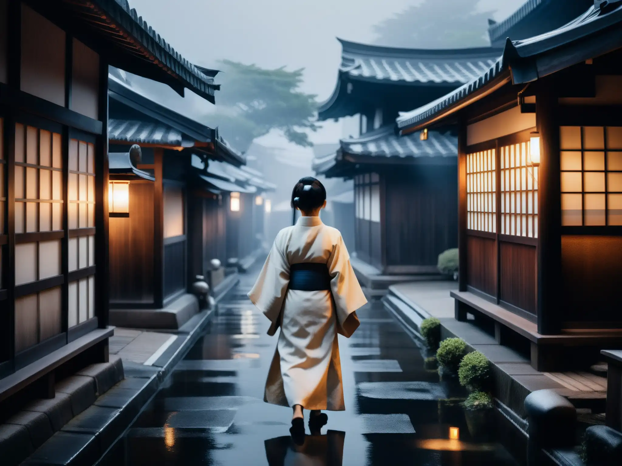 Una imagen en blanco y negro captura la inquietante atmósfera de la antigua historia japonesa de Yotsuya Kaidan, con un misterioso personaje en kimono