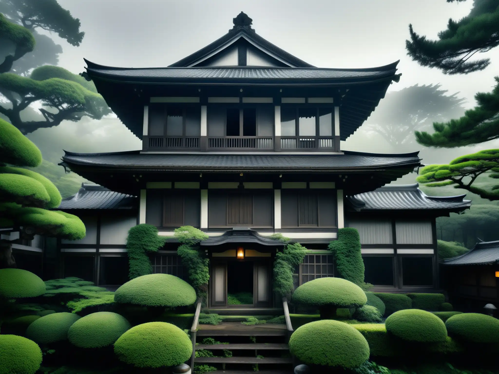 Imagen en blanco y negro de una mansión japonesa abandonada, rodeada de densa vegetación