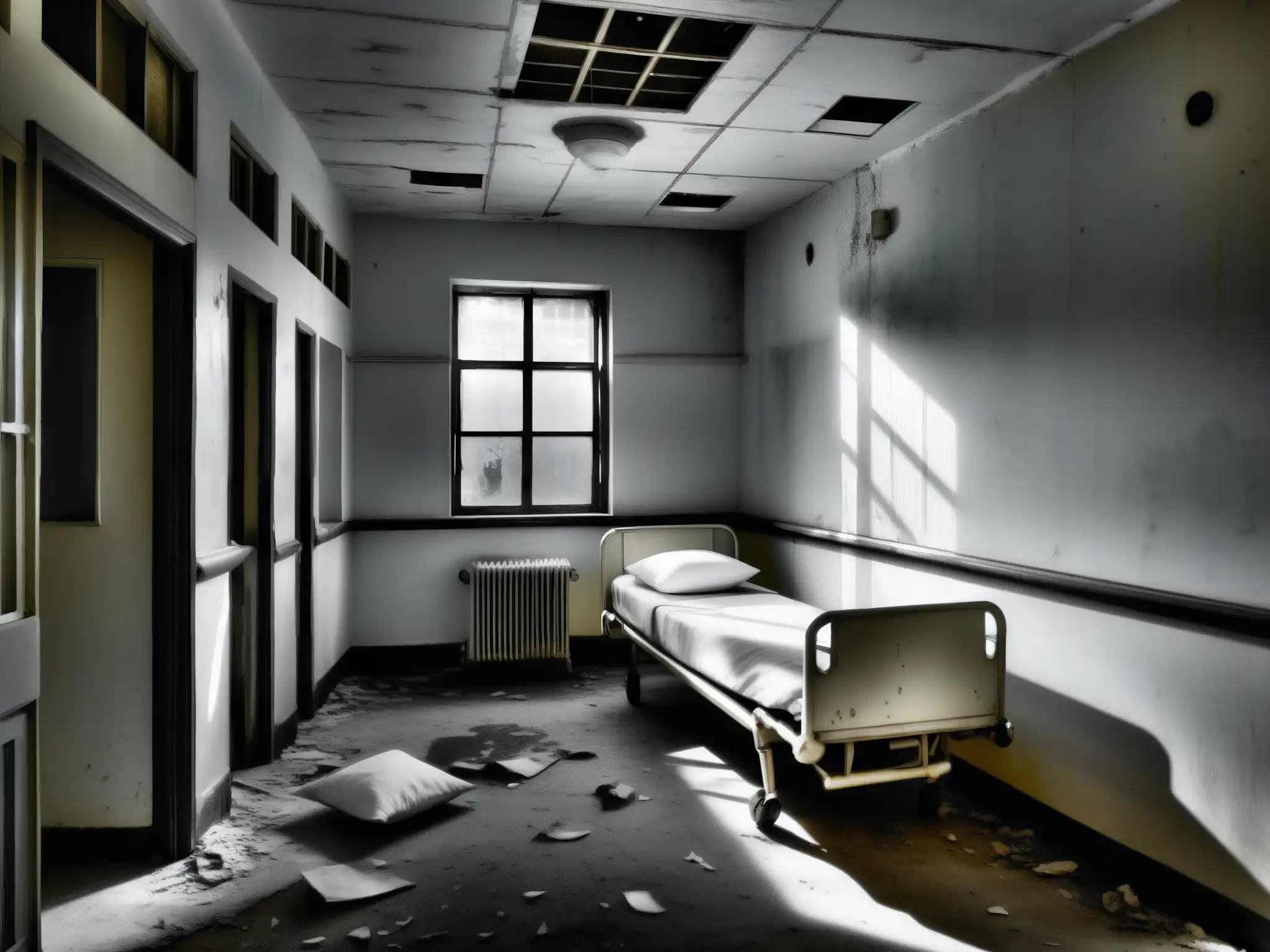 La Planchada: Misterio y Abandono en un Hospital Imagen en blanco y negro de un pasillo abandonado de hospital con pintura descascarada y ventanas rotas