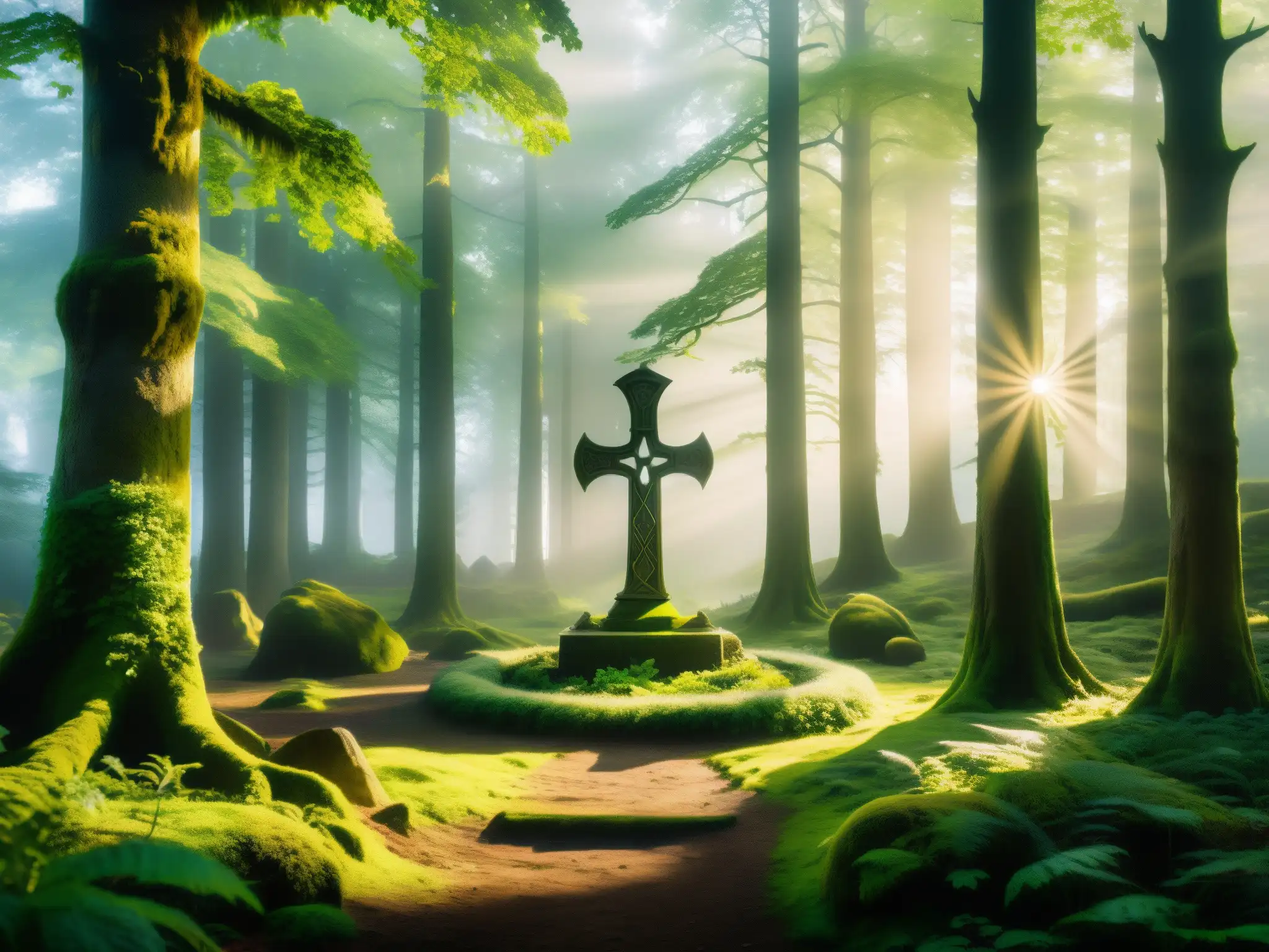 Excalibur en el bosque místico: leyendas celtas Imagen 8k de un bosque europeo neblinoso con la espada Excalibur en un claro cubierto de musgo