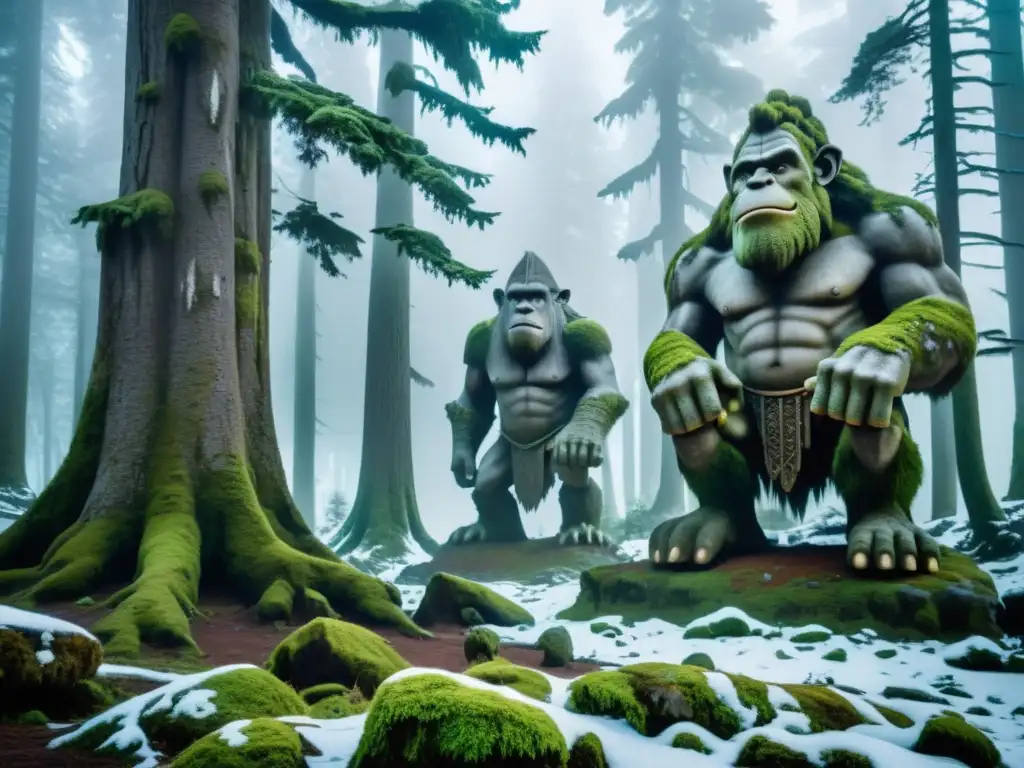 Bosque nevado y estatuas de trolls: misterio y poder Imagen de un bosque nevado y brumoso con estatuas antiguas de trolls, evocando misterio y poder natural