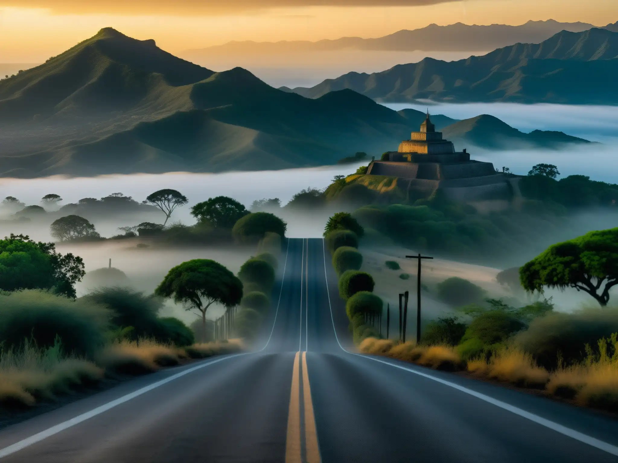 La Cegua en el camino: mito y misterio en 8k Imagen 8k de un camino rural mexicano al anochecer, con la mítica La Cegua envuelta en neblina, evocando seducción y temor en la leyenda urbana