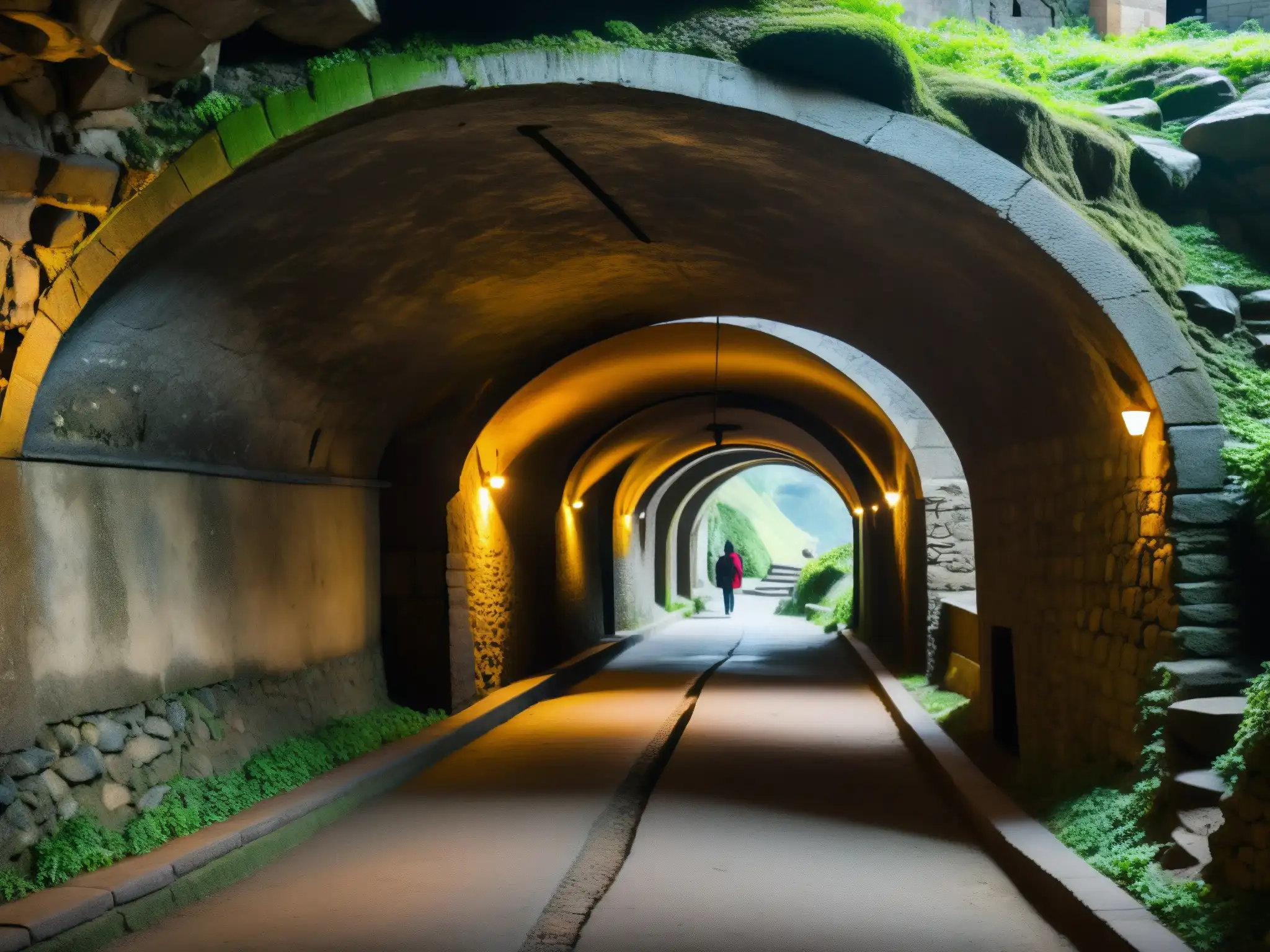 Misteriosos túneles subterráneos en Shimla, India Imagen 8k detallada de los misteriosos túneles subterráneos de Shimla, India, con antiguos arcos y pasajes iluminados por una atmósfera de misterio