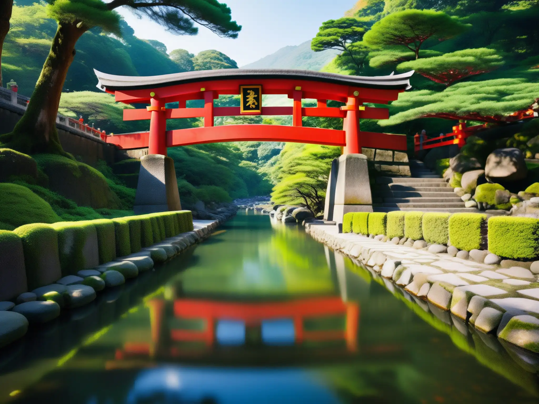 Puente Inari: Belleza atemporal y serenidad espiritual Imagen detallada del Puente Inari, con arquitectura antigua, torii rojos y naturaleza exuberante creando una atmósfera mística y serena