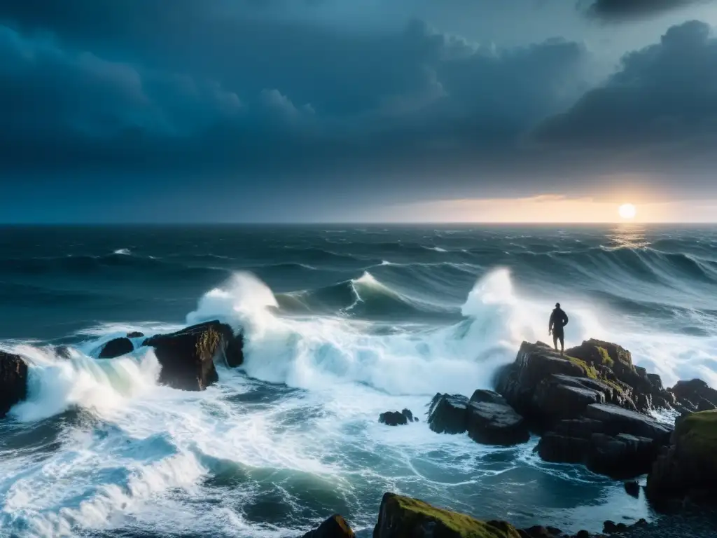 Fantasmagórica figura en el mar del Norte: leyenda nórdica 8K Una imagen 8k detallada del tormentoso Mar del Norte iluminado por la luna, con olas oscuras chocando contra rocas, envueltas en niebla