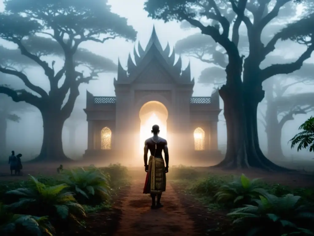 Bestia Encantada: Misterio en el Bosque Imagen documental de la misteriosa bestia encantada de Yamoussoukro, con ojos brillantes y patrones intrincados, en medio de un bosque neblinoso