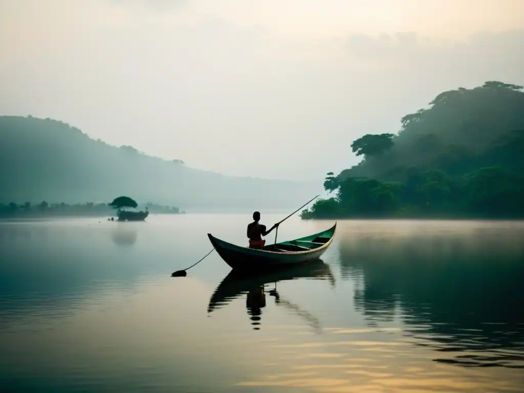 Misterioso Lago Volta: aguas tranquilas y paisaje enigmático Imagen documental del misterioso Lago Volta en Ghana, evocando la enigmática Dama del Lago Volta