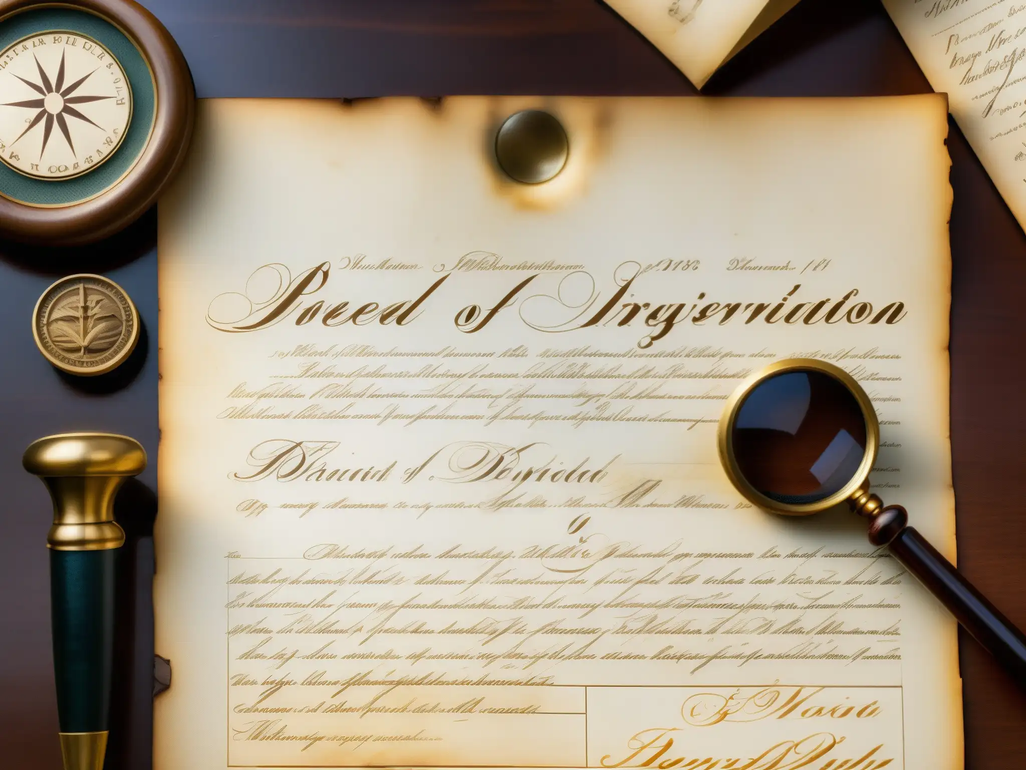 Documento antiguo: escritura ornamental y sello de cera Imagen de un documento vintage con caligrafía ornamental y sello de cera, junto a una lupa y accesorios de escritorio antiguos