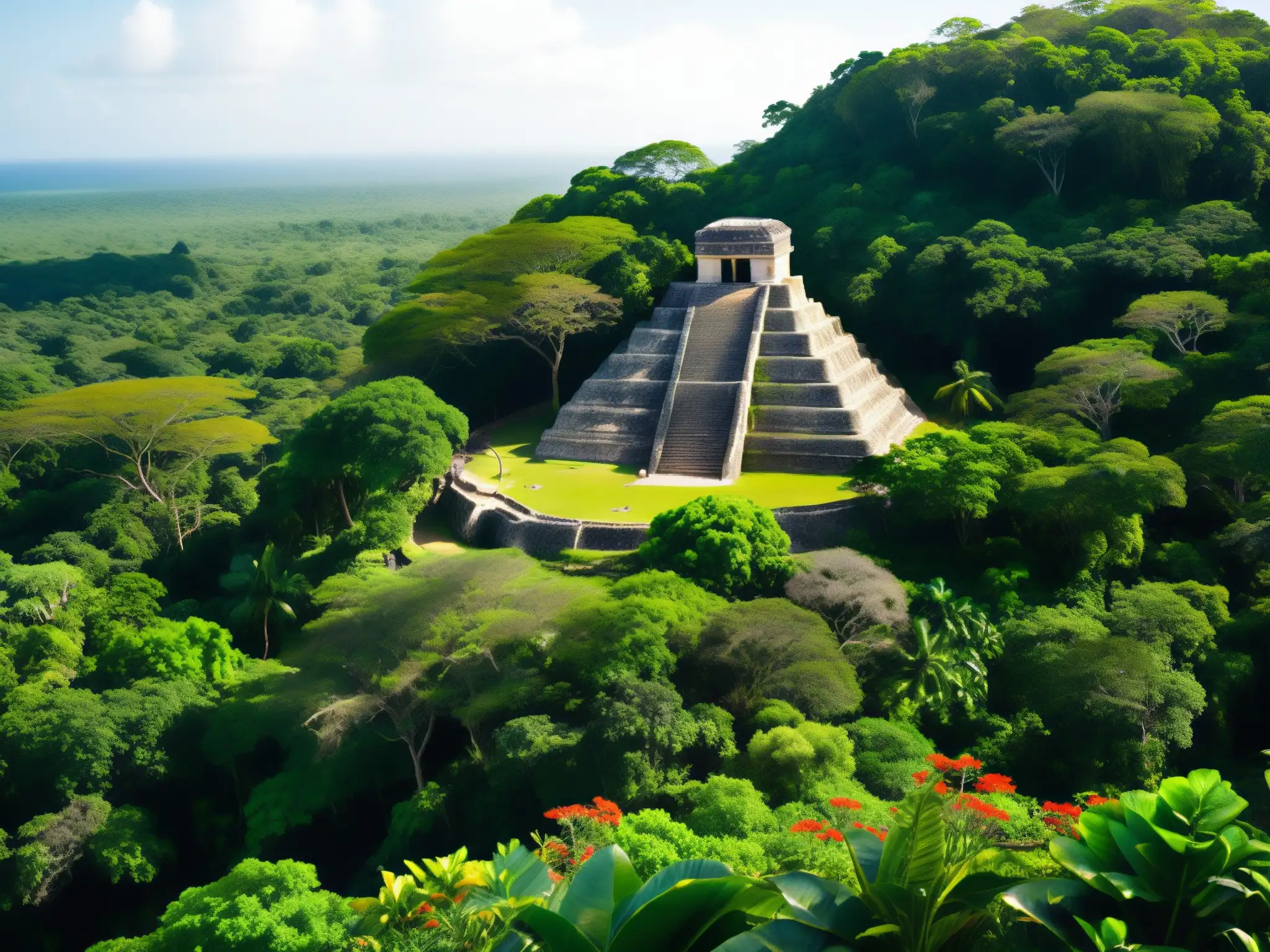 Misteriosa selva maya: exuberante vegetación y ruinas antiguas Imagen de una exuberante jungla en la Península de Yucatán, con ruinas mayas entre la densa vegetación y la leyenda Xtabay Península Yucatán
