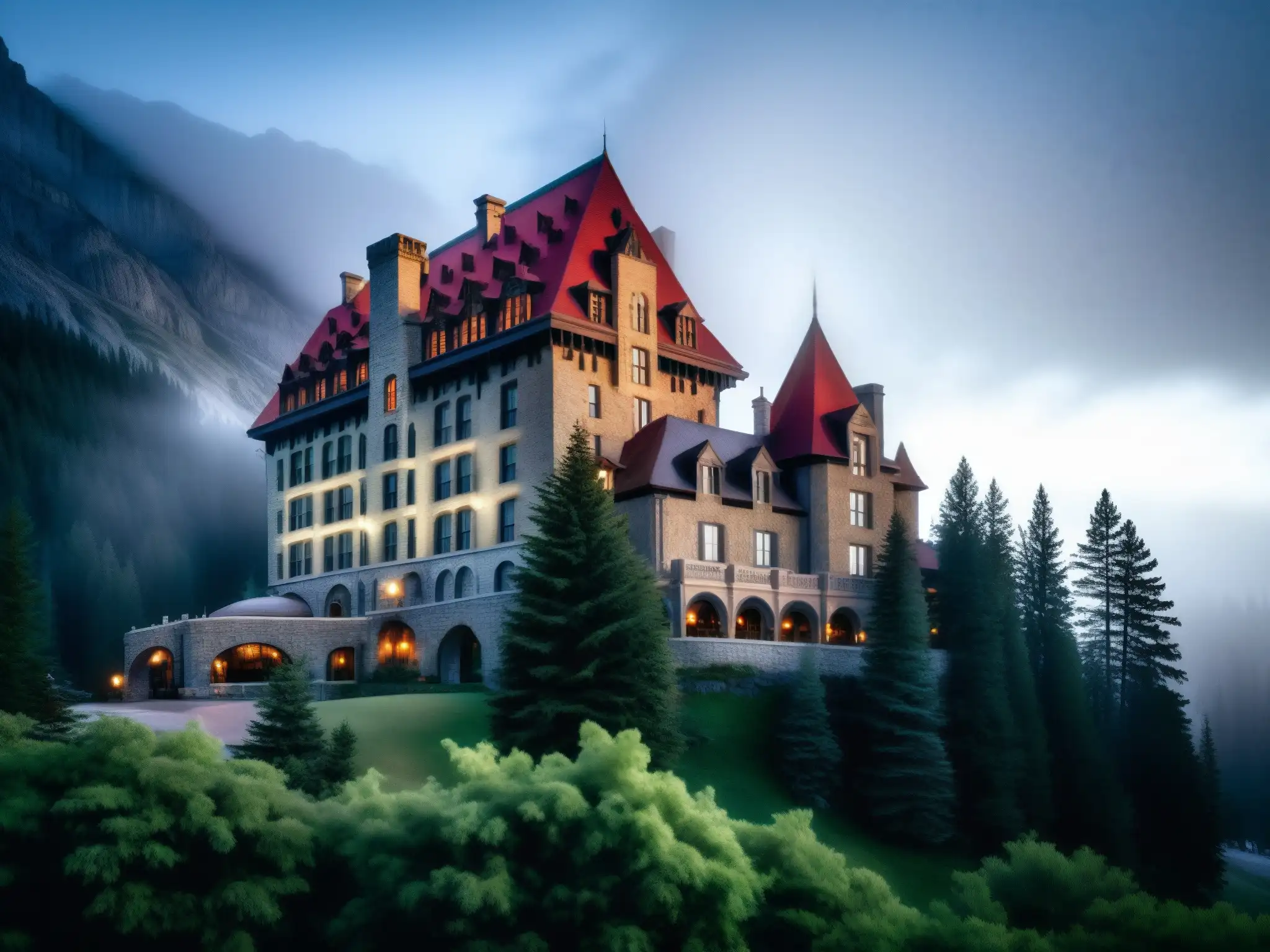 Misterioso Hotel Fairmont Banff Springs en la niebla Una imagen fantasmal del imponente Hotel Fairmont Banff Springs envuelto en niebla, rodeado de densos bosques de pinos
