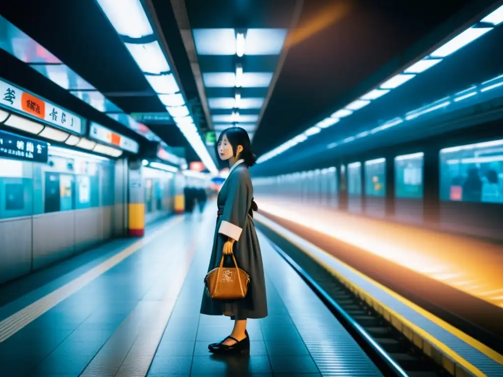 Fantasma en estación de metro de Shibuya, Japón Imagen fantasmal de la estación de metro Shibuya, con figura misteriosa y aura sobrenatural, evocando la historia oculta del lugar