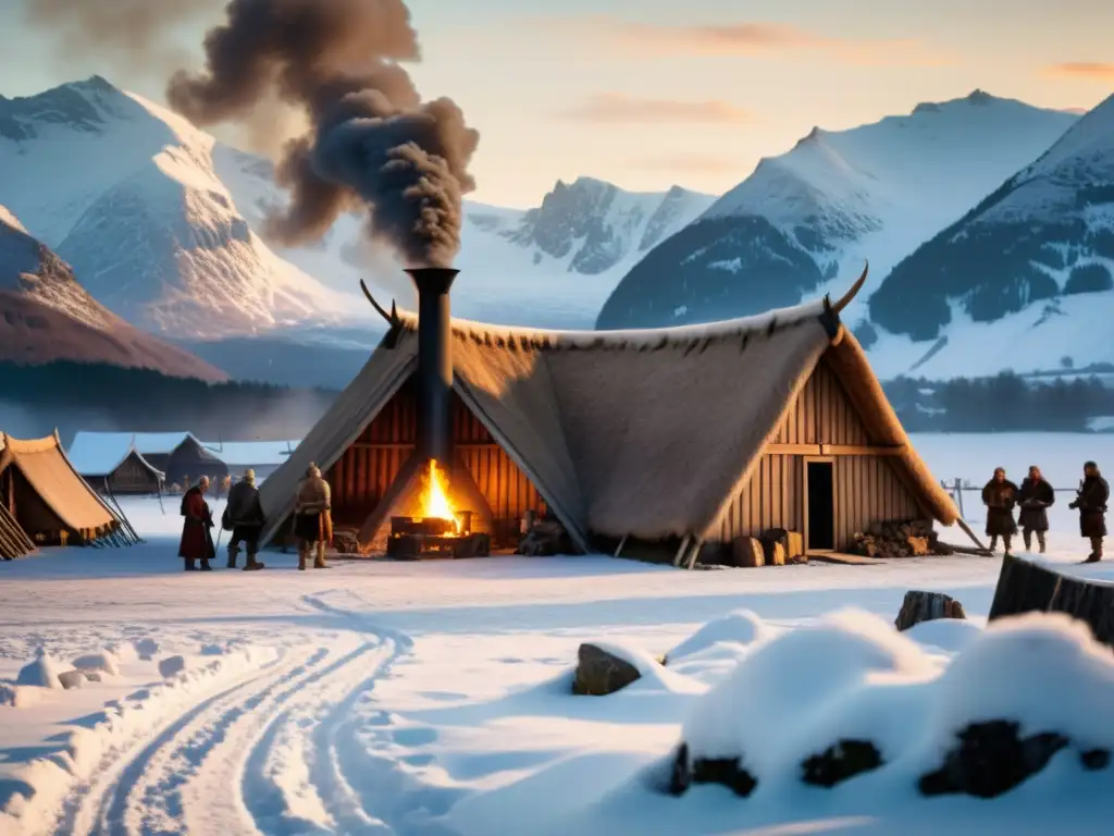 Refugio vikingo: hogar, tradición y diosa Frigg Imagen de un hogar vikingo en la nieve con rituales nórdicos de adivinación y la protección de la diosa Frigg