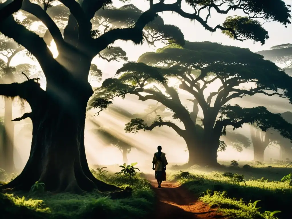 Bosque de Uganda: misteriosa leyenda de Ajalai Imagen impactante del denso bosque de Uganda, con árboles retorcidos y sombras inquietantes, evocando al Monstruo devorador de sombras Uganda
