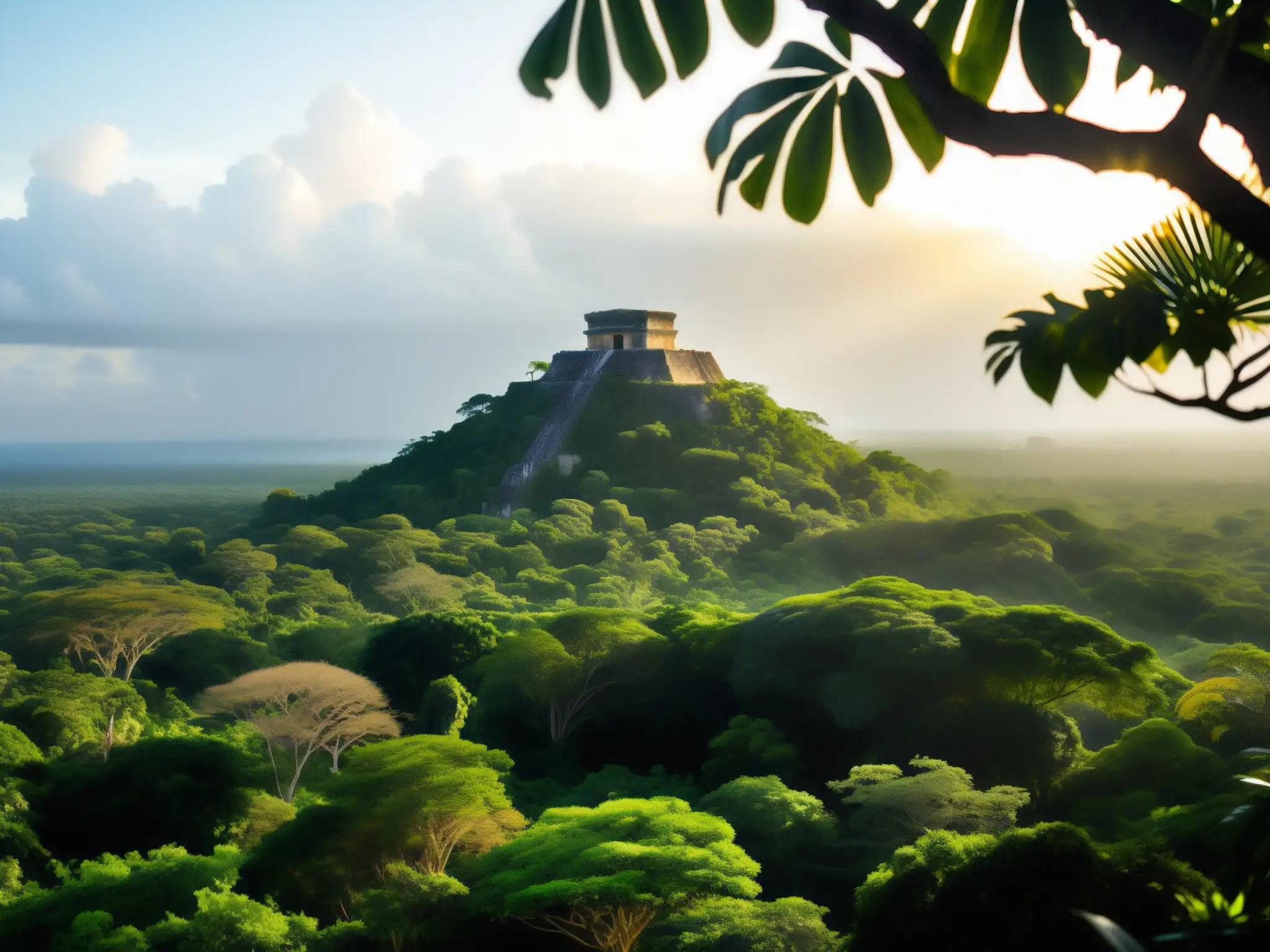 Selva exuberante y ruinas mayas en la Península de Yucatán Imagen impactante de la exuberante Península de Yucatán, con selva tropical, flora vibrante y ruinas mayas