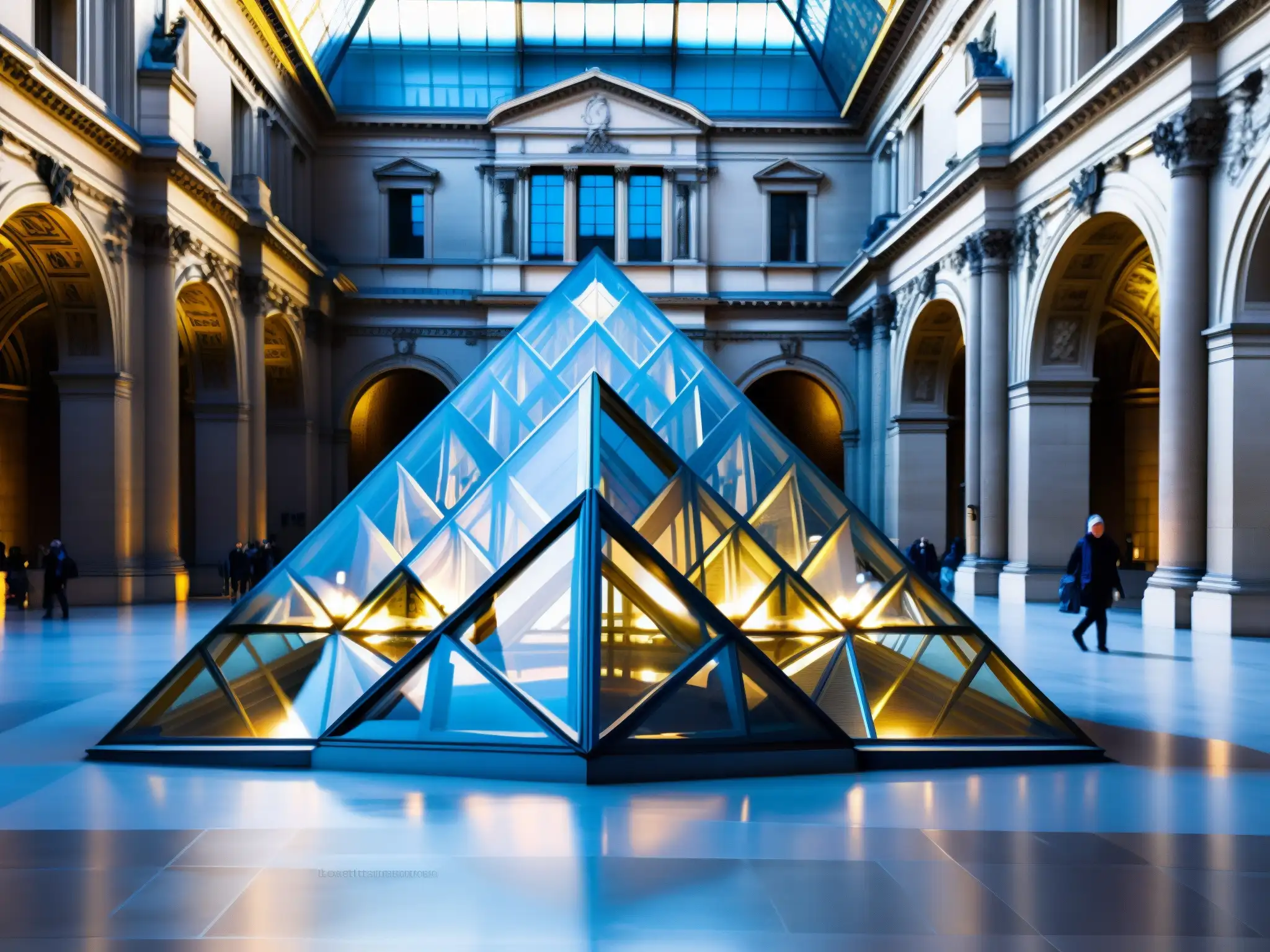 Una imagen impactante del interior del Museo del Louvre en París, destacando la icónica pirámide de vidrio y los detalles arquitectónicos