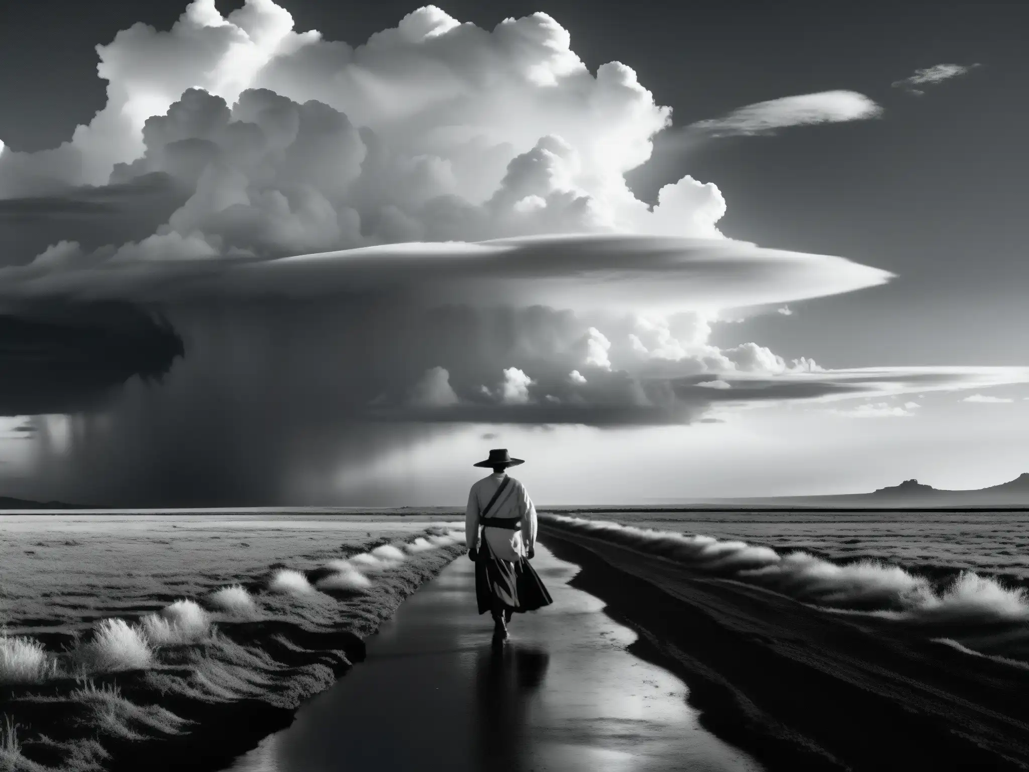 Solitario llanero en vastas llanuras venezolanas Imagen impactante de los llanos de Venezuela, con una figura solitaria en el horizonte