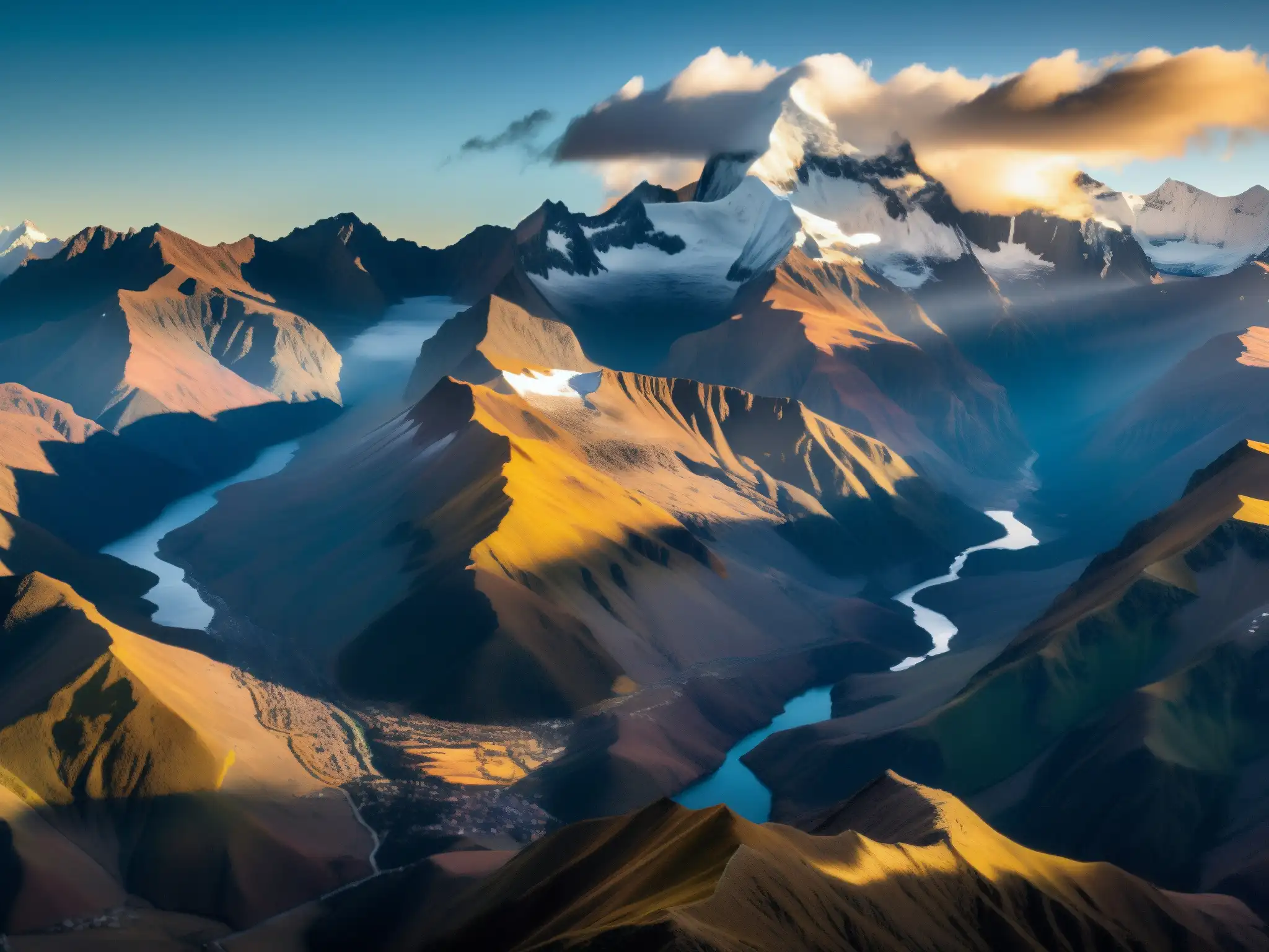 Esplendor andino: amanecer místico en los picos nevados Imagen impactante de los Andes al amanecer, con una luz dorada sobre las cumbres nevadas