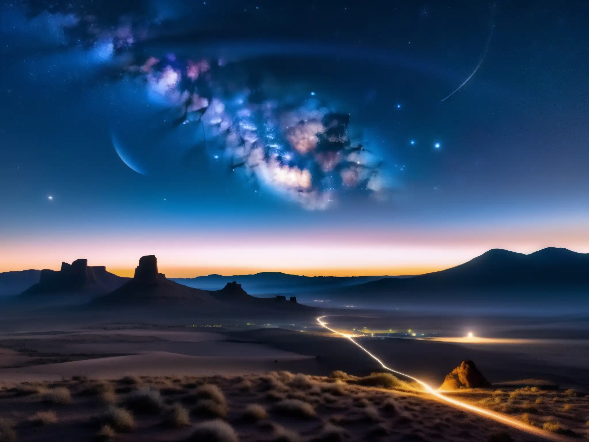 Fantástica noche estrellada con misteriosa luz alienígena Imagen impactante de un paisaje desolado bajo una misteriosa luz, evocando un contacto extraterrestre revelado públicamente