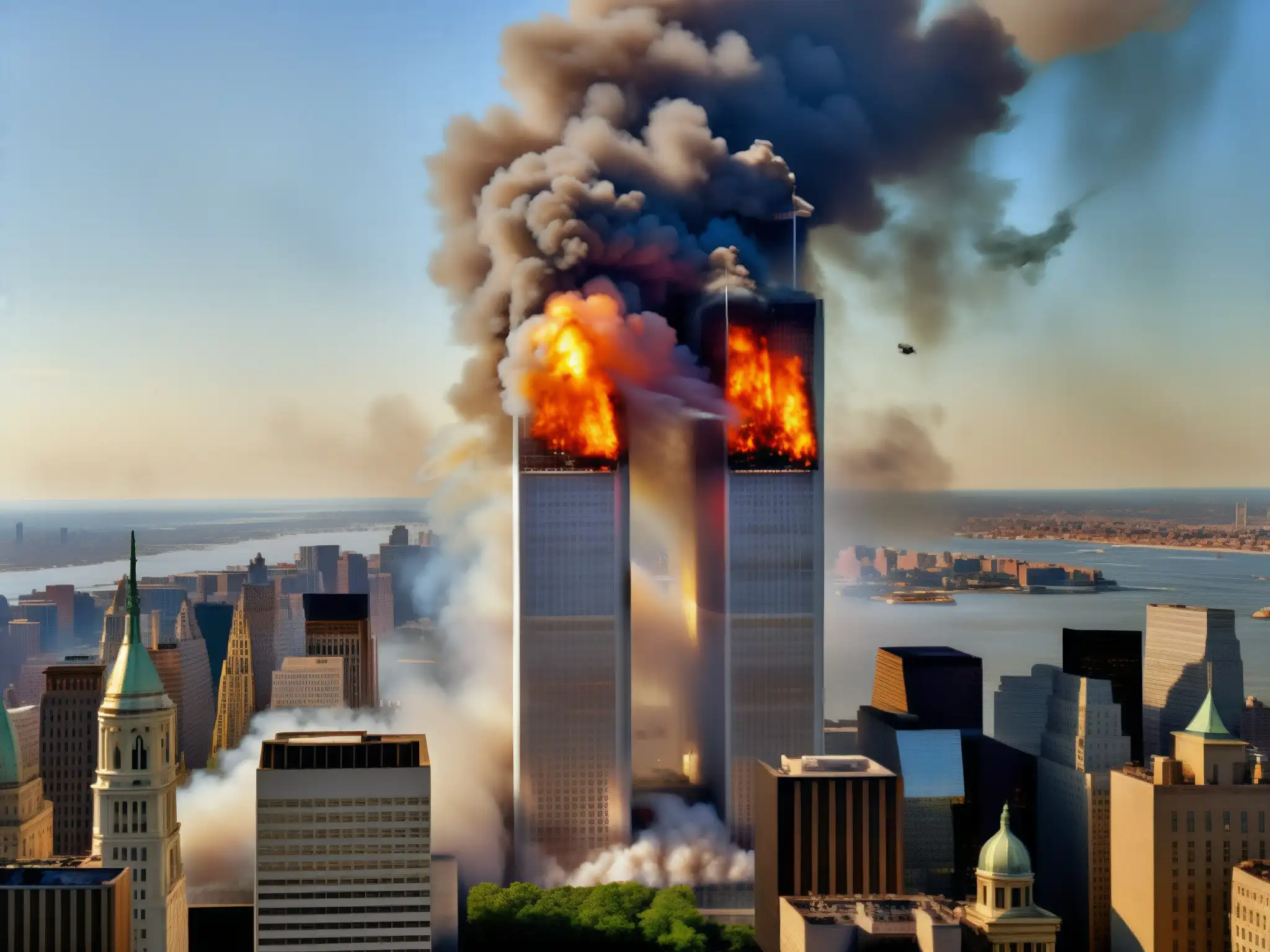 Imagen impactante de las torres ardientes del World Trade Center el 11 de septiembre