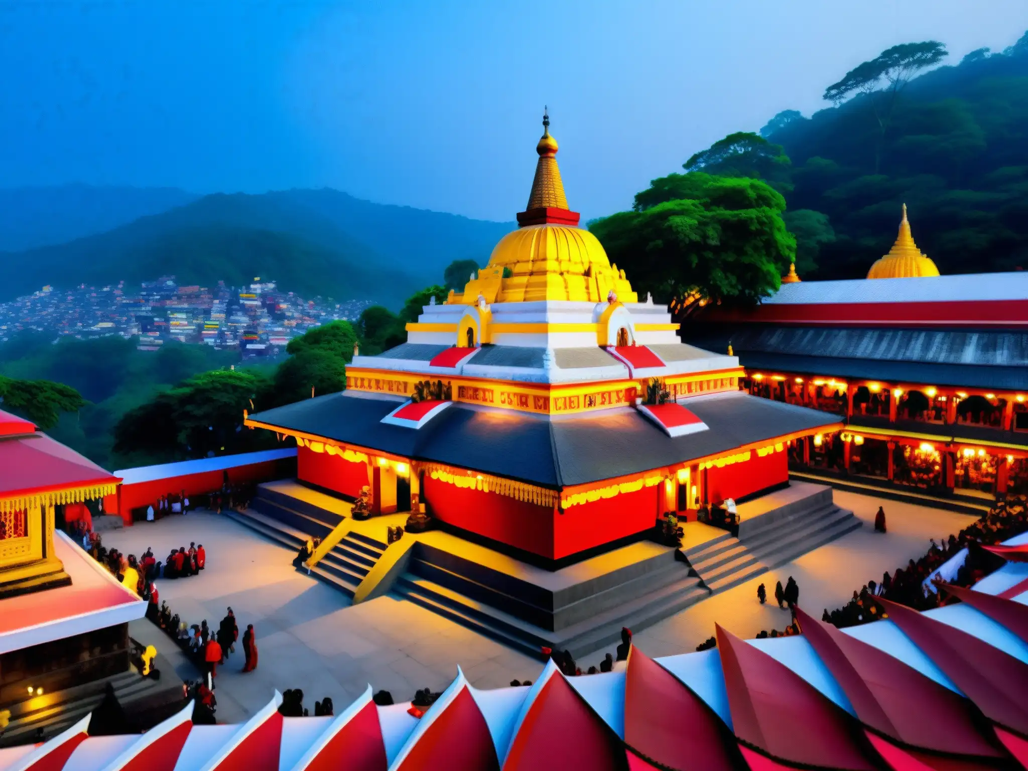Imagen impresionante del complejo del templo Kamakhya Devi, con detalles arquitectónicos, decoraciones coloridas y vibrante paisaje